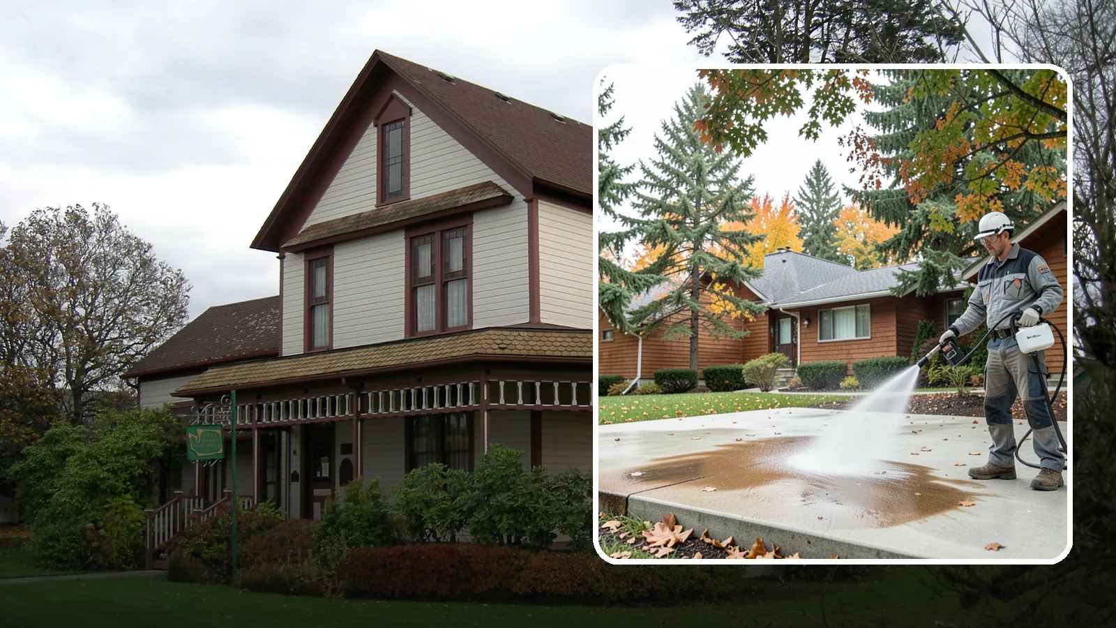 Leaf Stain Removal in Sumner, Pierce County, WA - Tannin stain removal that lifts the brown leaf and organic staining our heavy tree canopy leaves on hardscapes.