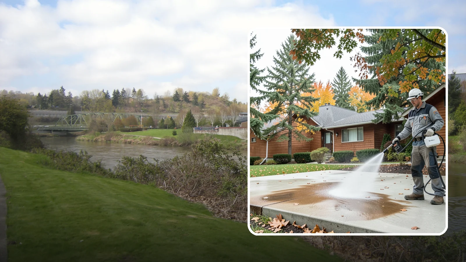 Leaf Stain Removal in Tukwila, King County, WA - Tannin stain removal that lifts the brown leaf and organic staining our heavy tree canopy leaves on hardscapes.
