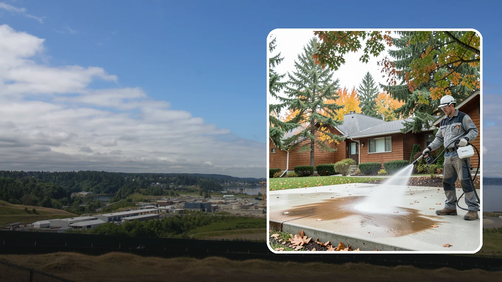 Leaf Stain Removal in University Place, Pierce County, WA - Tannin stain removal that lifts the brown leaf and organic staining our heavy tree canopy leaves on hardscapes.