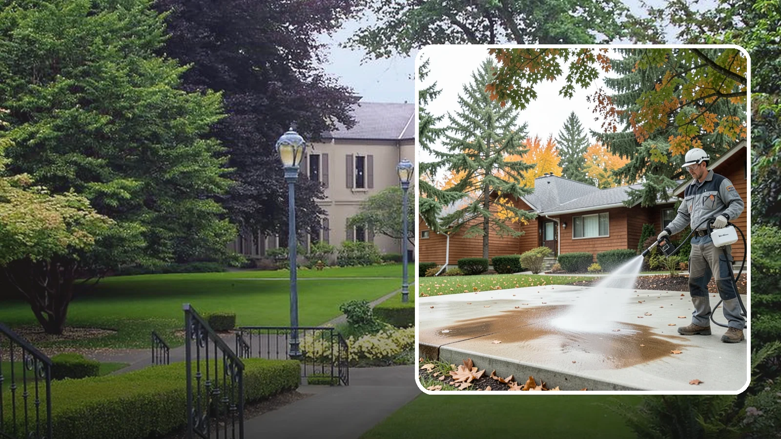 Leaf Stain Removal in Woodinville, King County, WA - Tannin stain removal that lifts the brown leaf and organic staining our heavy tree canopy leaves on hardscapes.