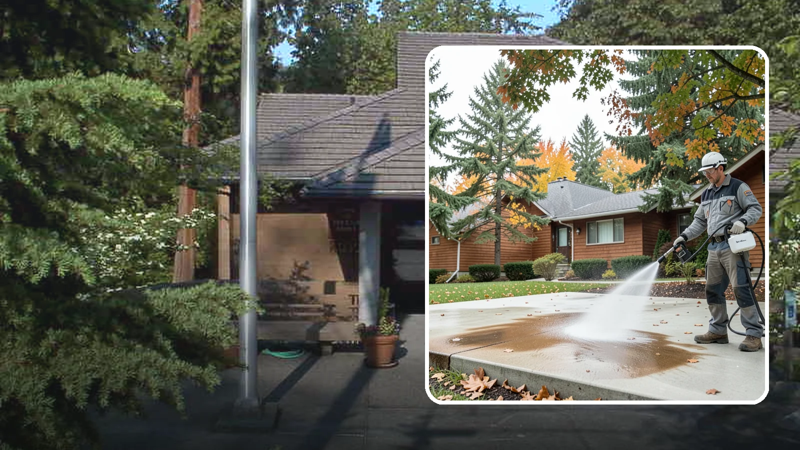 Leaf Stain Removal in Yarrow Point, King County, WA - Tannin stain removal that lifts the brown leaf and organic staining our heavy tree canopy leaves on hardscapes.