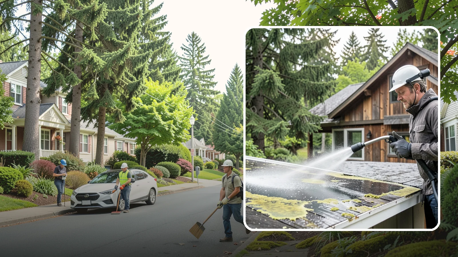 Lichen Removal in Beaux Arts Village, King County, WA - Careful treatment and removal of stubborn lichen that anchors into roofs, fences, and masonry in damp conditions.