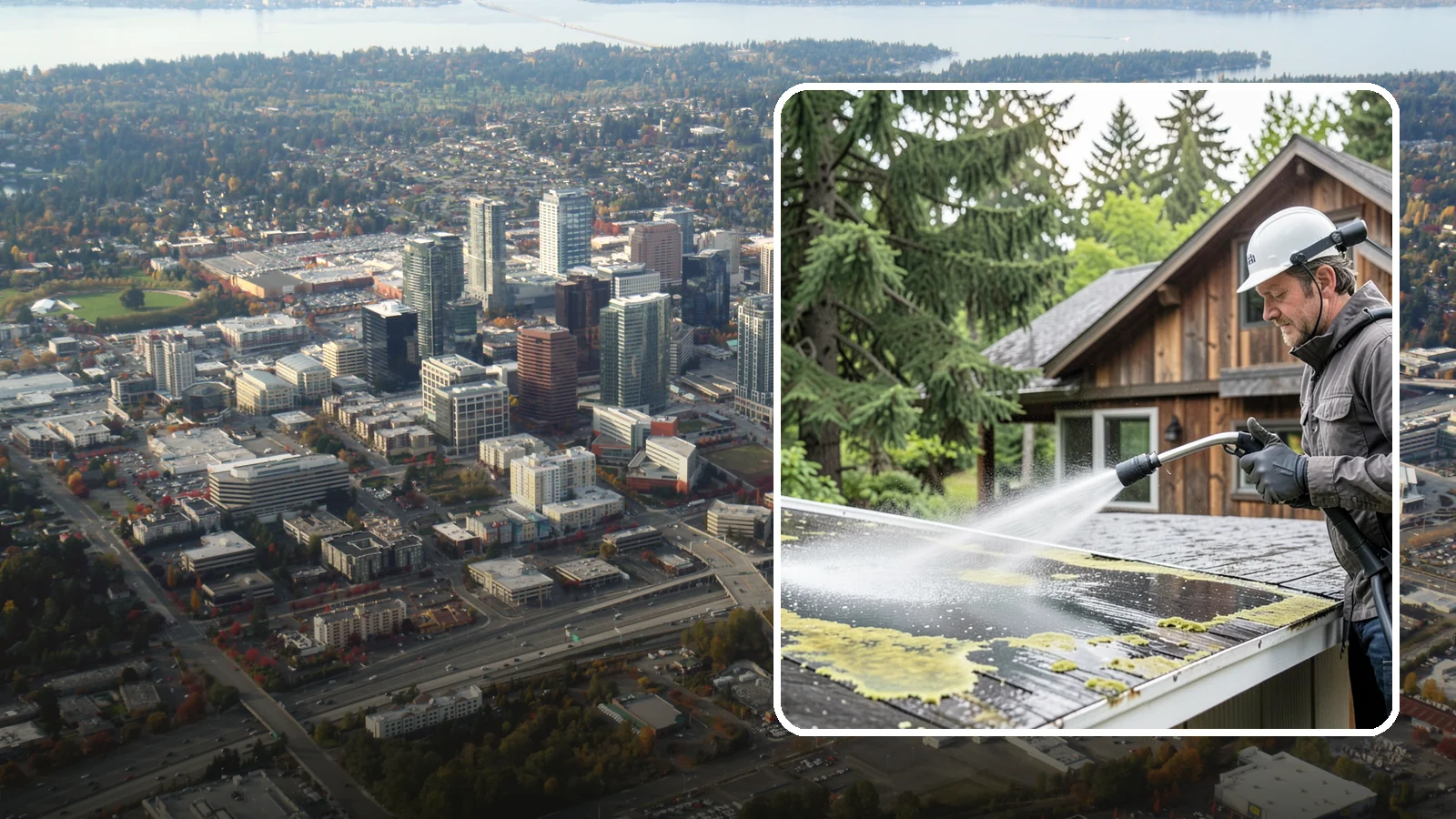 Lichen Removal in Bellevue, King County, WA - Careful treatment and removal of stubborn lichen that anchors into roofs, fences, and masonry in damp conditions.