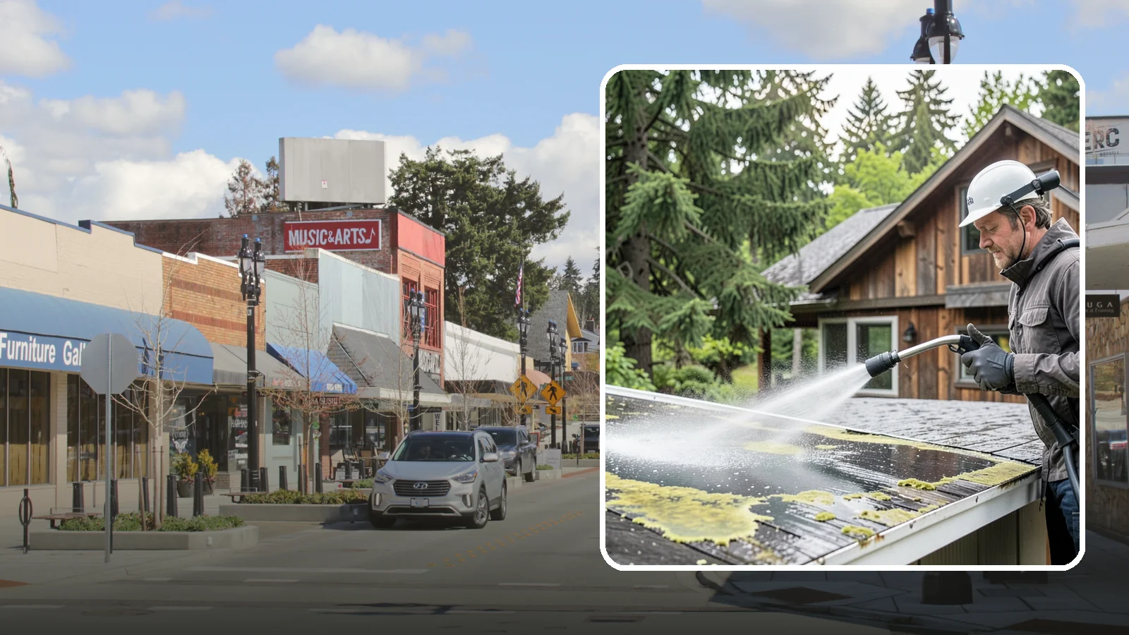 Lichen Removal in Bothell, King County, WA - Careful treatment and removal of stubborn lichen that anchors into roofs, fences, and masonry in damp conditions.