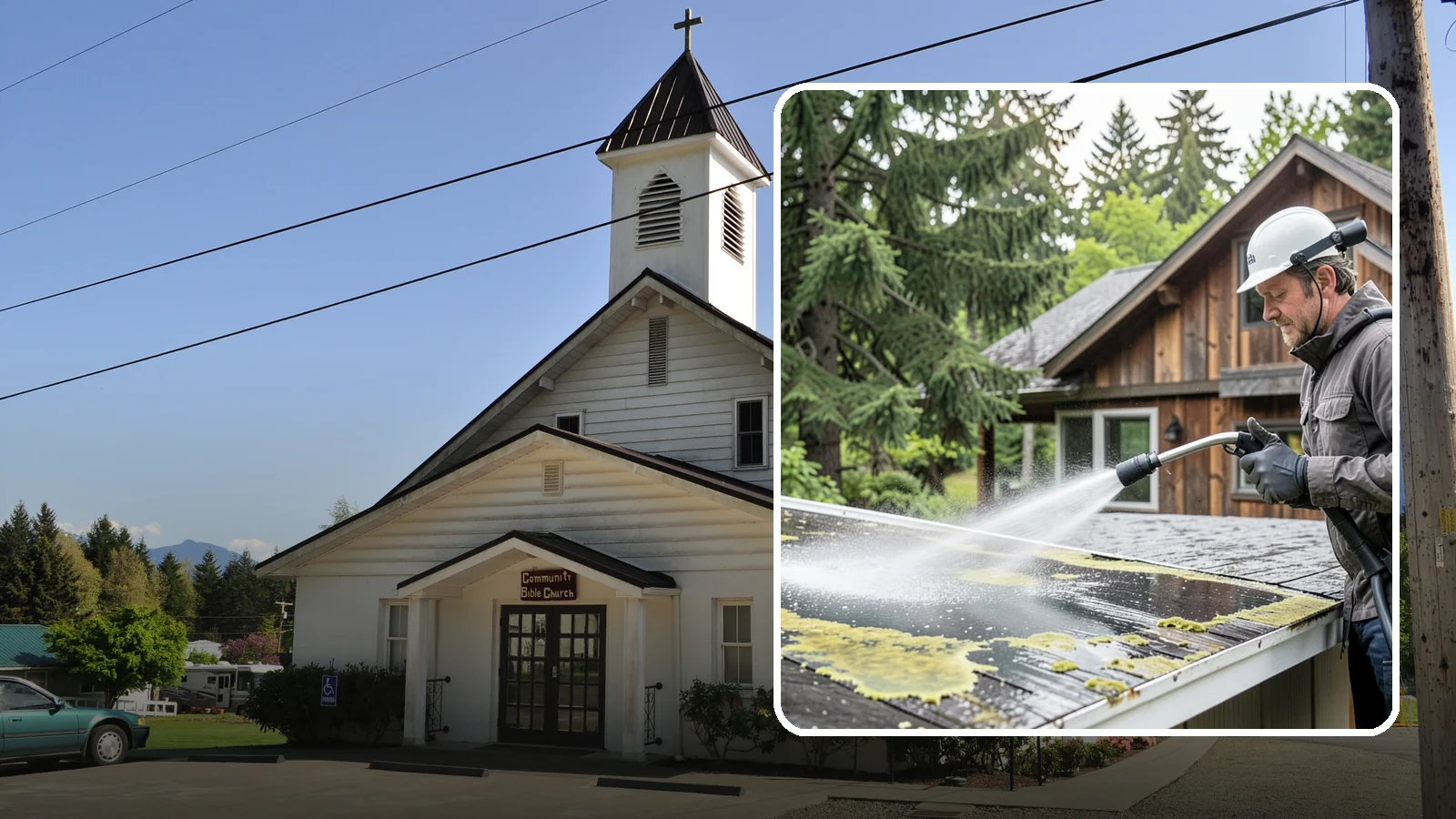 Lichen Removal in Concrete, Skagit County, WA - Careful treatment and removal of stubborn lichen that anchors into roofs, fences, and masonry in damp conditions.