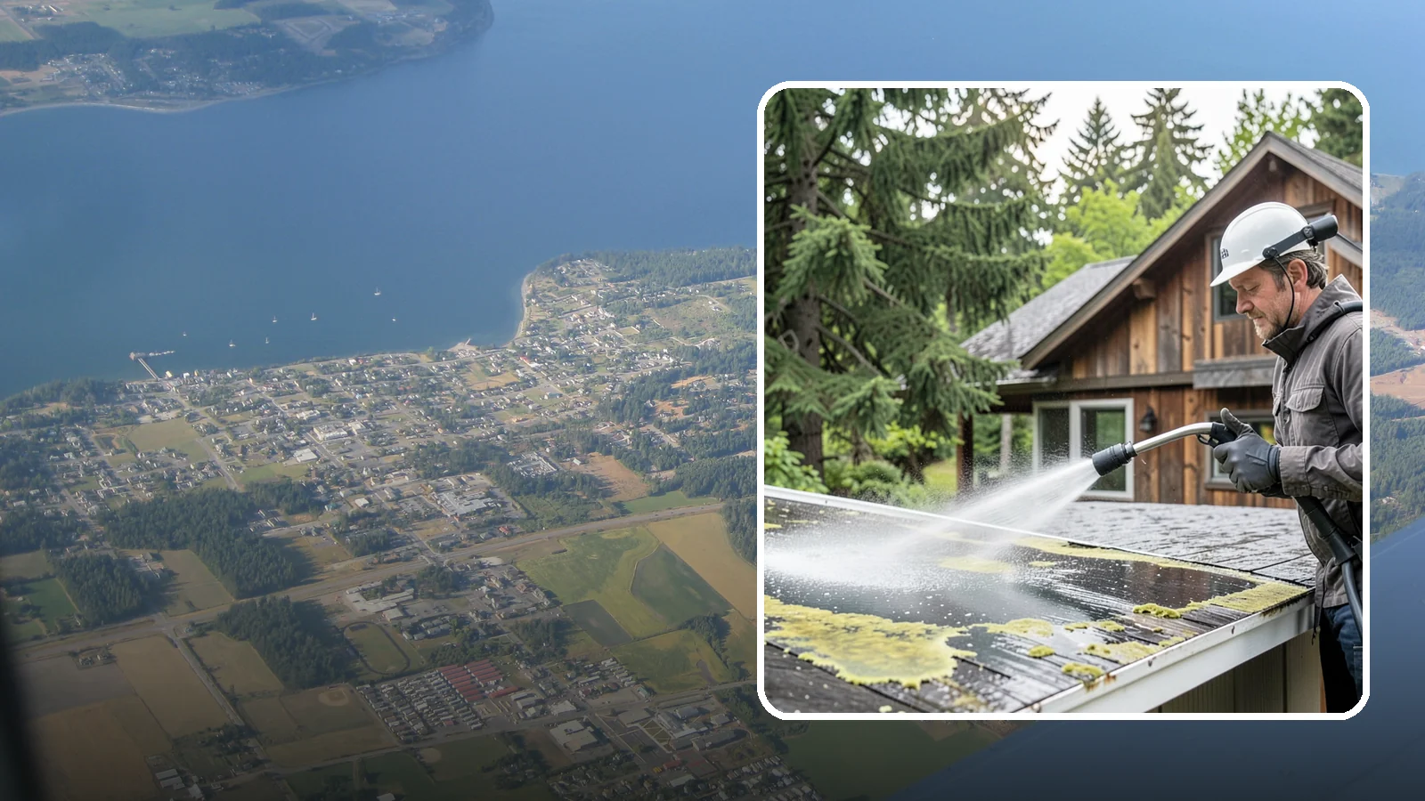 Lichen Removal in Coupeville, Island County, WA - Careful treatment and removal of stubborn lichen that anchors into roofs, fences, and masonry in damp conditions.