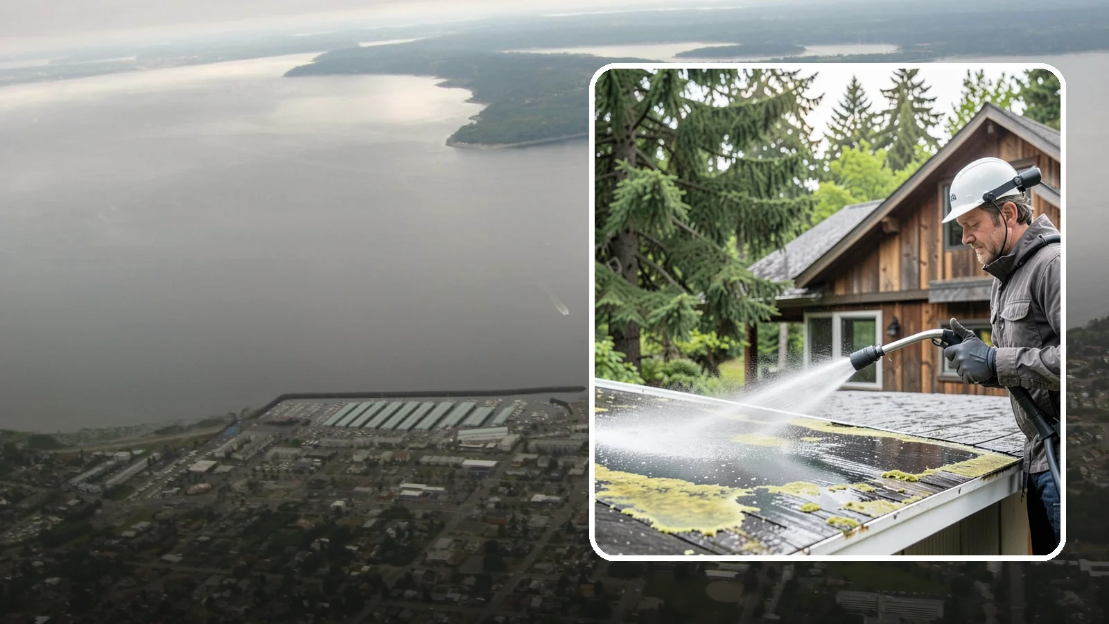 Lichen Removal in Des Moines, King County, WA - Careful treatment and removal of stubborn lichen that anchors into roofs, fences, and masonry in damp conditions.
