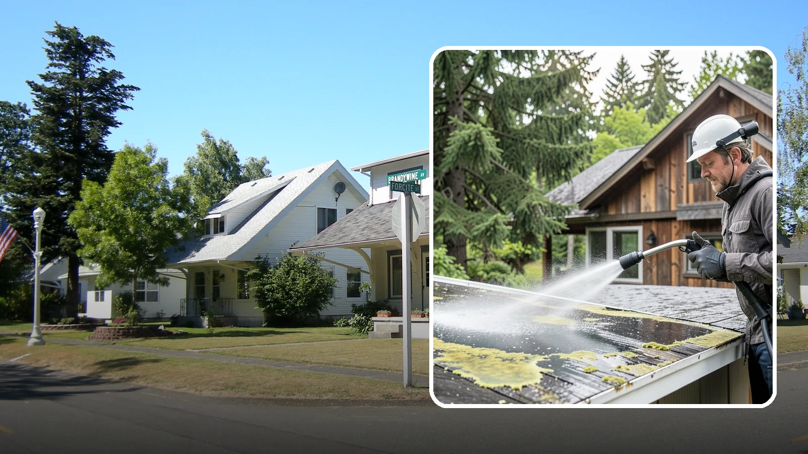Lichen Removal in DuPont, Pierce County, WA - Careful treatment and removal of stubborn lichen that anchors into roofs, fences, and masonry in damp conditions.
