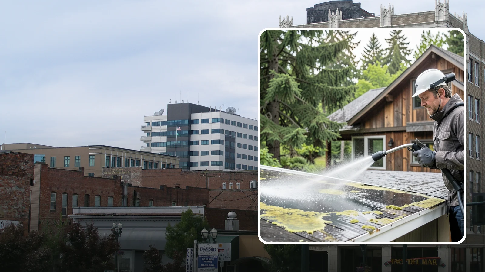 Lichen Removal in Everett, Snohomish County, WA - Careful treatment and removal of stubborn lichen that anchors into roofs, fences, and masonry in damp conditions.
