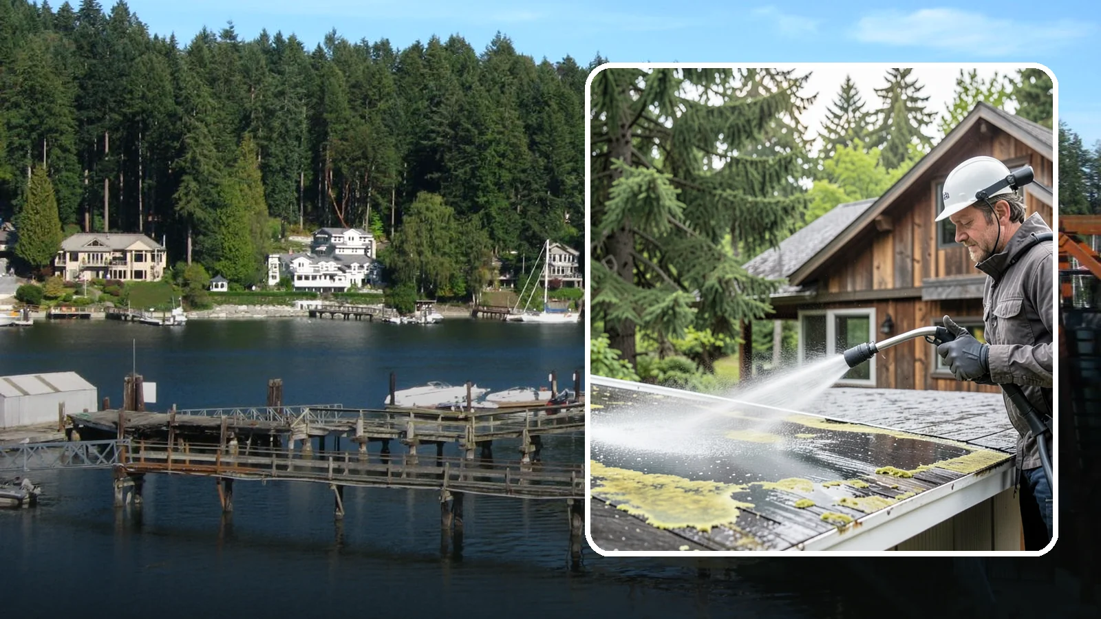 Lichen Removal in Gig Harbor, Pierce County, WA - Careful treatment and removal of stubborn lichen that anchors into roofs, fences, and masonry in damp conditions.