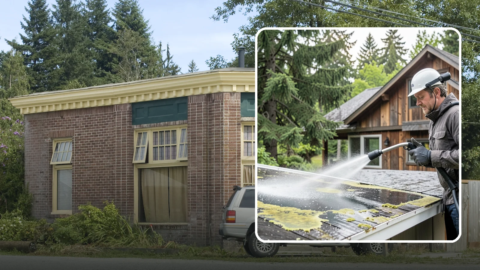 Lichen Removal in Hamilton, Skagit County, WA - Careful treatment and removal of stubborn lichen that anchors into roofs, fences, and masonry in damp conditions.