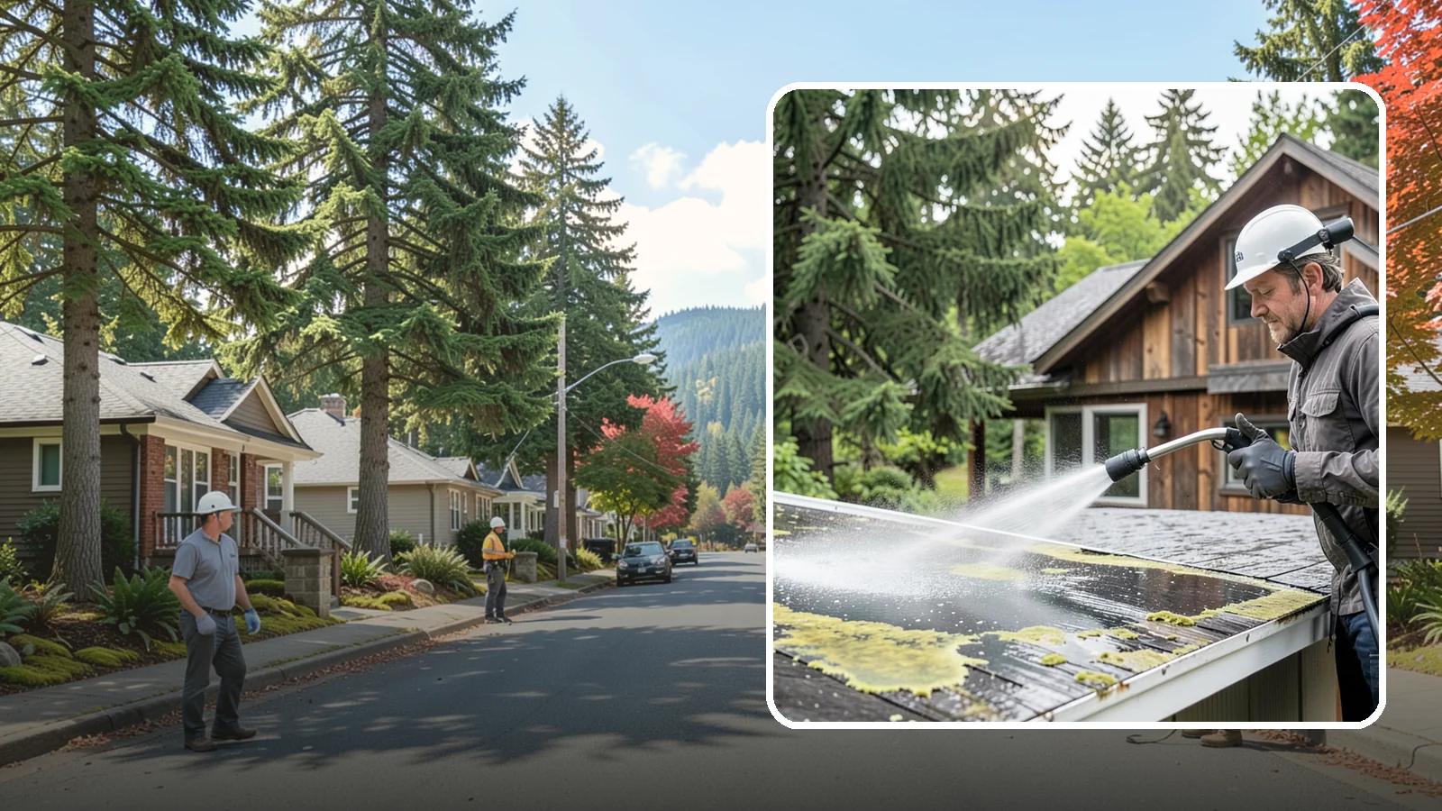 Lichen Removal in Hunts Point, King County, WA - Careful treatment and removal of stubborn lichen that anchors into roofs, fences, and masonry in damp conditions.