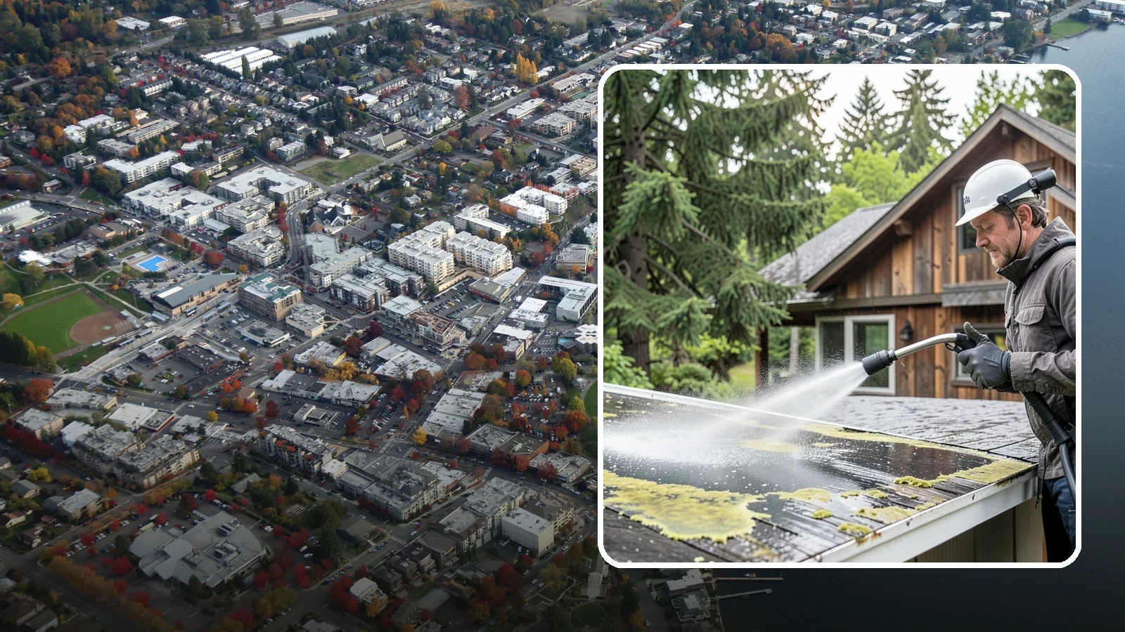 Lichen Removal in Kirkland, King County, WA - Careful treatment and removal of stubborn lichen that anchors into roofs, fences, and masonry in damp conditions.