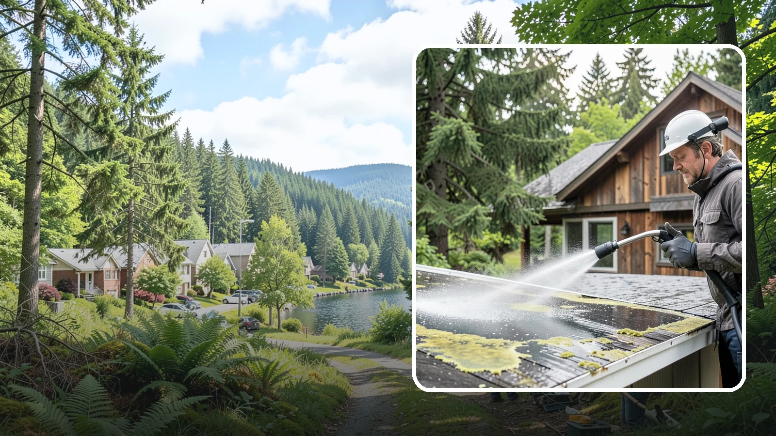 Lichen Removal in Lake Forest Park, King County, WA - Careful treatment and removal of stubborn lichen that anchors into roofs, fences, and masonry in damp conditions.