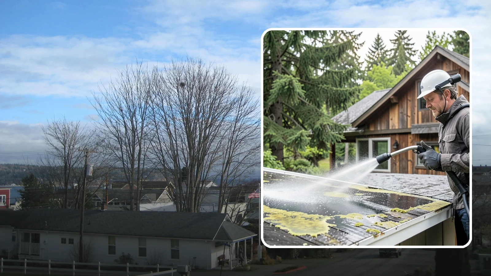Lichen Removal in Langley, Island County, WA - Careful treatment and removal of stubborn lichen that anchors into roofs, fences, and masonry in damp conditions.