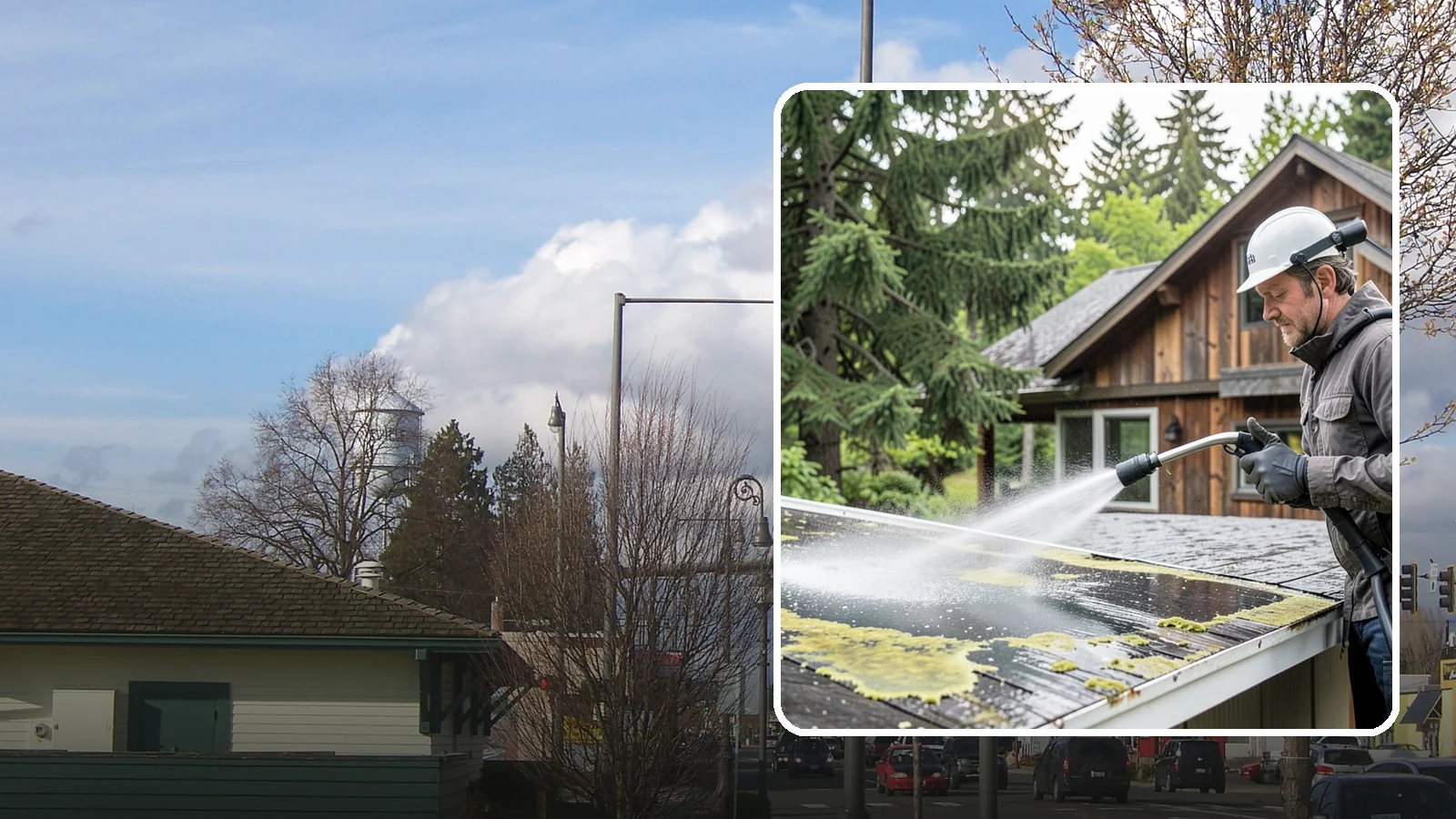 Lichen Removal in Marysville, Snohomish County, WA - Careful treatment and removal of stubborn lichen that anchors into roofs, fences, and masonry in damp conditions.