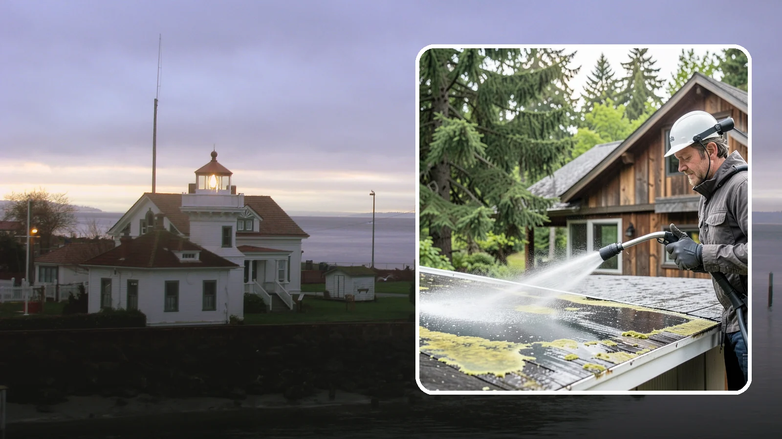 Lichen Removal in Mukilteo, Snohomish County, WA - Careful treatment and removal of stubborn lichen that anchors into roofs, fences, and masonry in damp conditions.