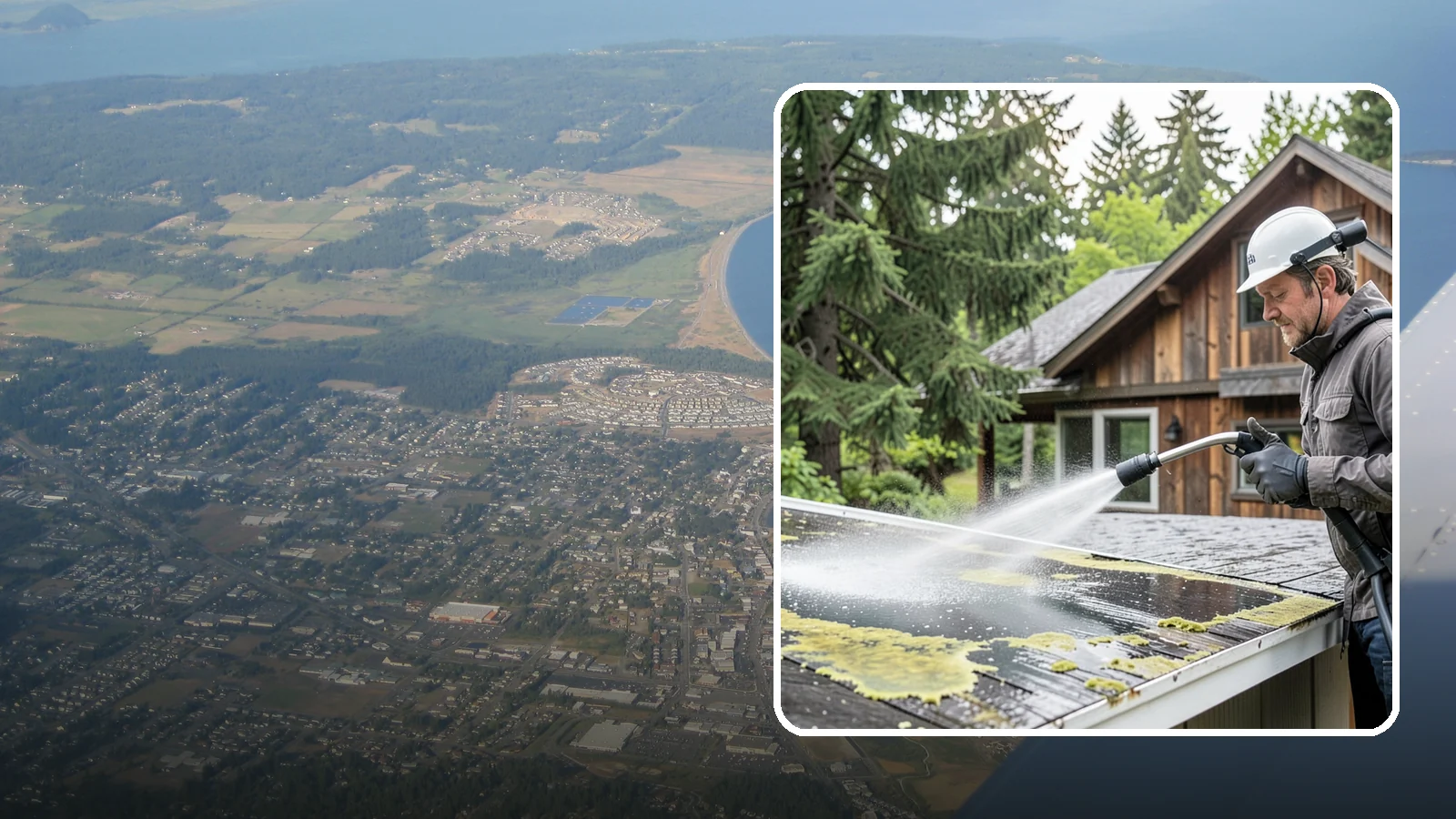 Lichen Removal in Oak Harbor, Island County, WA - Careful treatment and removal of stubborn lichen that anchors into roofs, fences, and masonry in damp conditions.