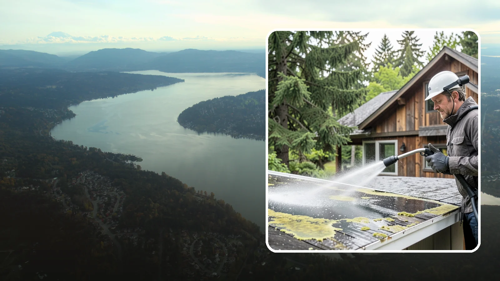 Lichen Removal in Sammamish, King County, WA - Careful treatment and removal of stubborn lichen that anchors into roofs, fences, and masonry in damp conditions.