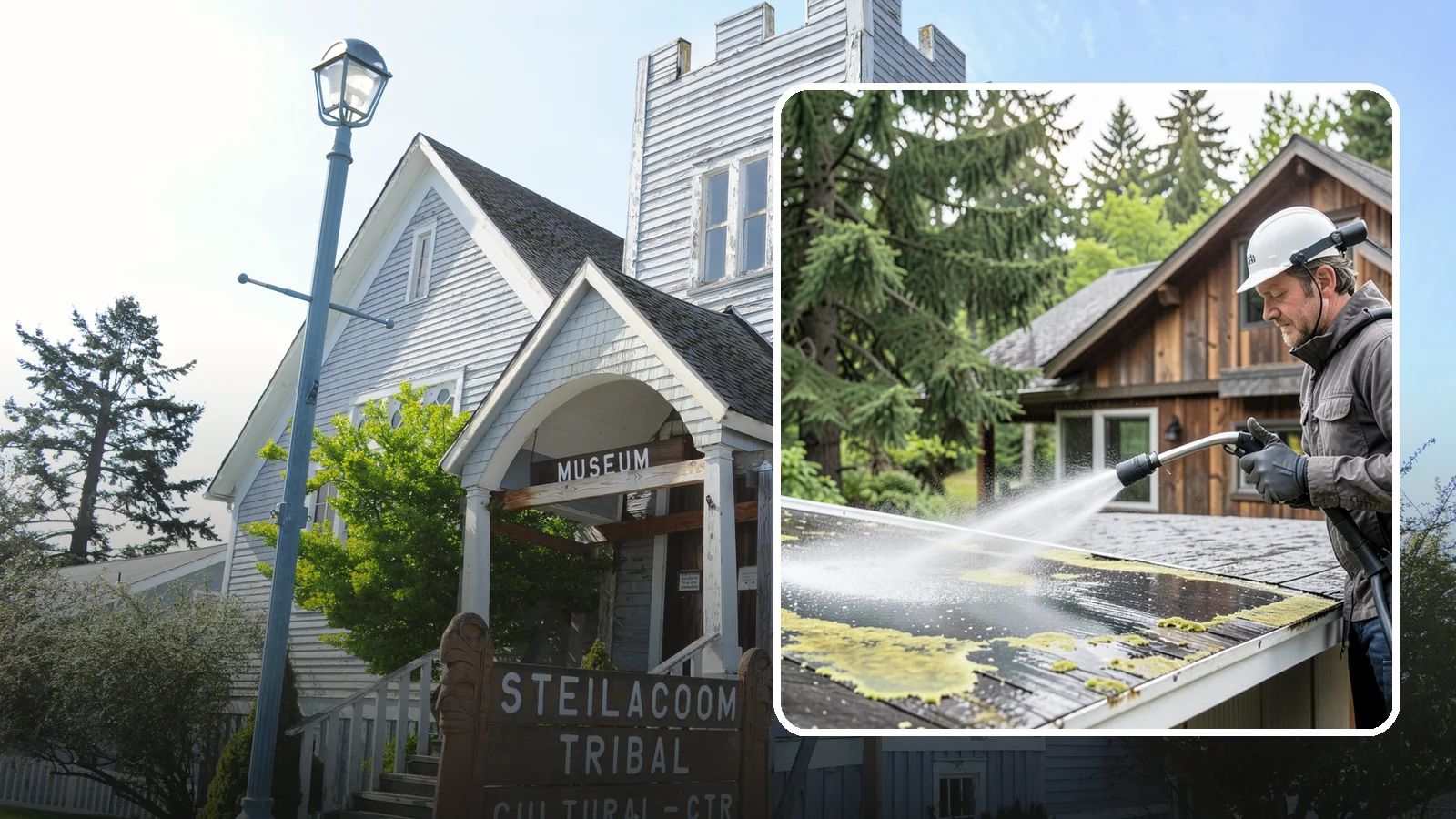 Lichen Removal in Steilacoom, Pierce County, WA - Careful treatment and removal of stubborn lichen that anchors into roofs, fences, and masonry in damp conditions.