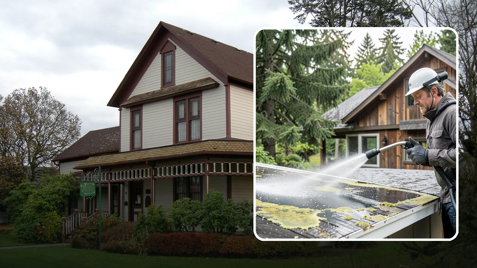 Lichen Removal in Sumner, Pierce County, WA - Careful treatment and removal of stubborn lichen that anchors into roofs, fences, and masonry in damp conditions.