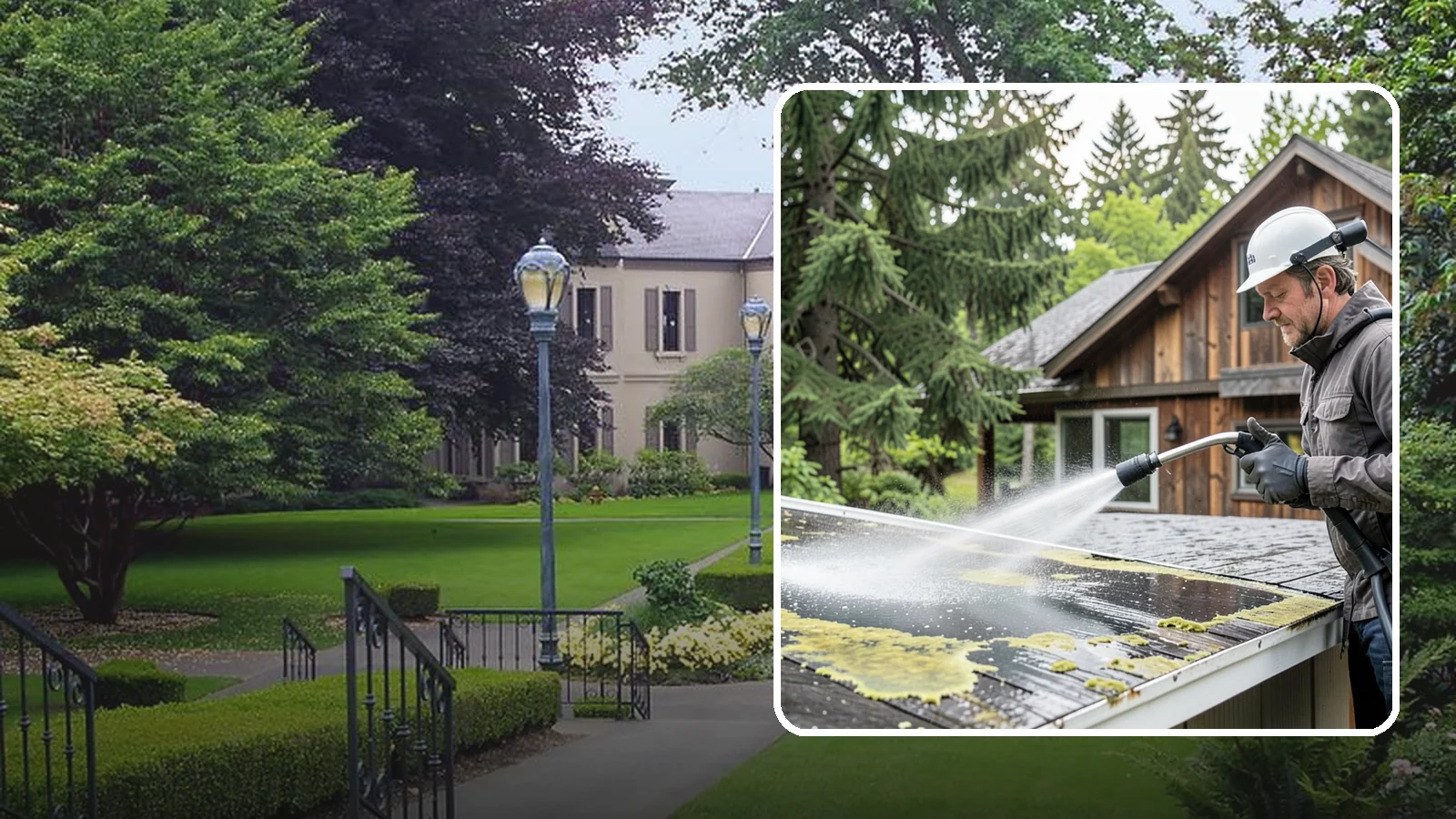 Lichen Removal in Woodinville, King County, WA - Careful treatment and removal of stubborn lichen that anchors into roofs, fences, and masonry in damp conditions.