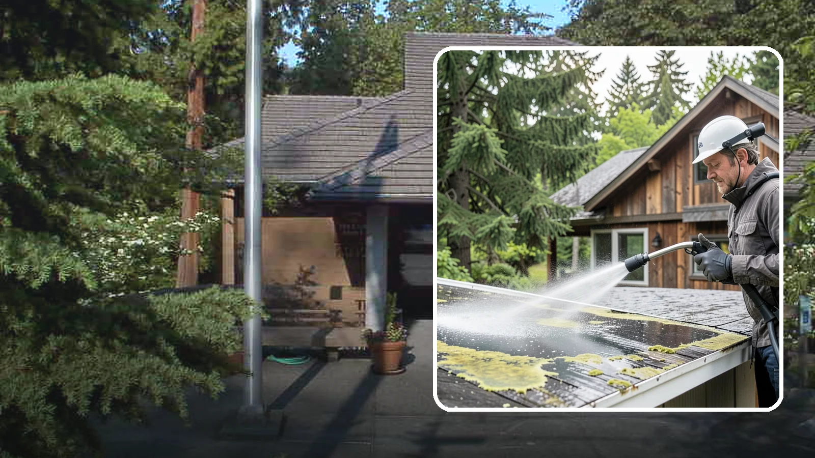Lichen Removal in Yarrow Point, King County, WA - Careful treatment and removal of stubborn lichen that anchors into roofs, fences, and masonry in damp conditions.