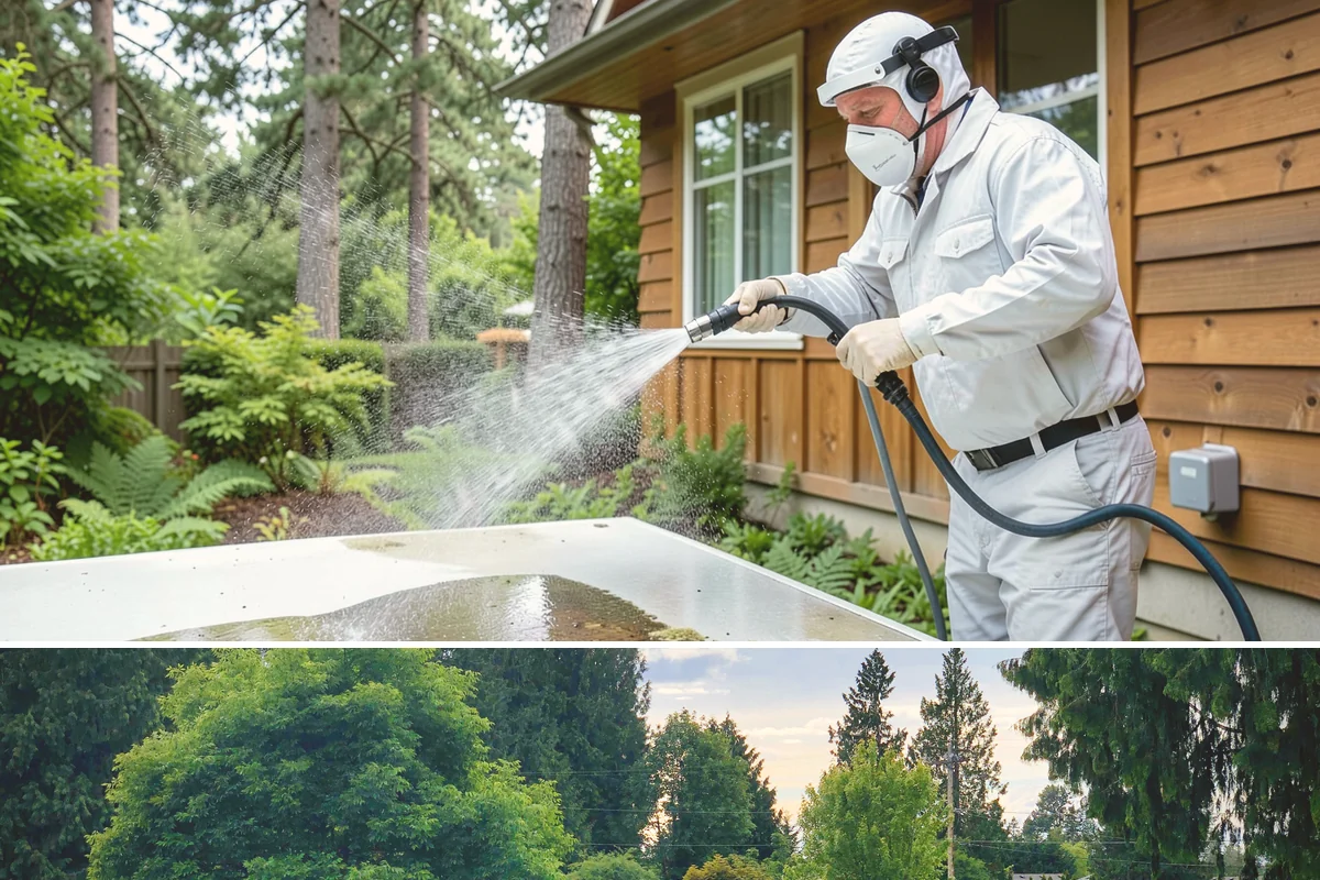 Limestone Cleaning in Bonney Lake, Pierce County, WA - Dry summer weather is safest, because saturated limestone is even more delicate and slower to recover after cleaning.