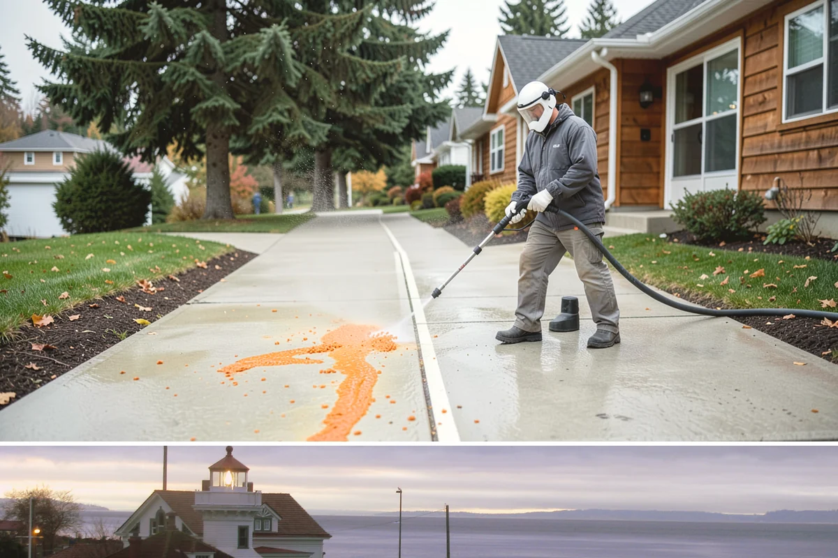 Limestone Cleaning in Mukilteo, Snohomish County, WA - Dry summer weather is safest, because saturated limestone is even more delicate and slower to recover after cleaning.