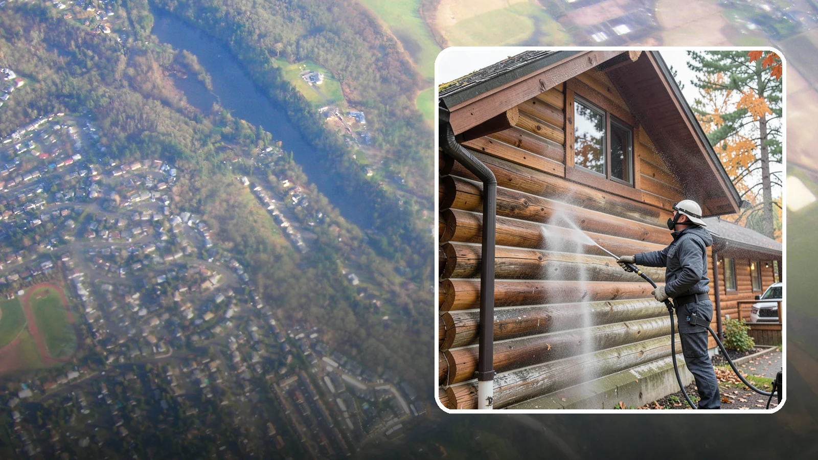 Log Home Washing in Algona, King County, WA - Log home washing clears mildew, pollen, and gray weathering from logs while protecting the checking and joints unique to log...
