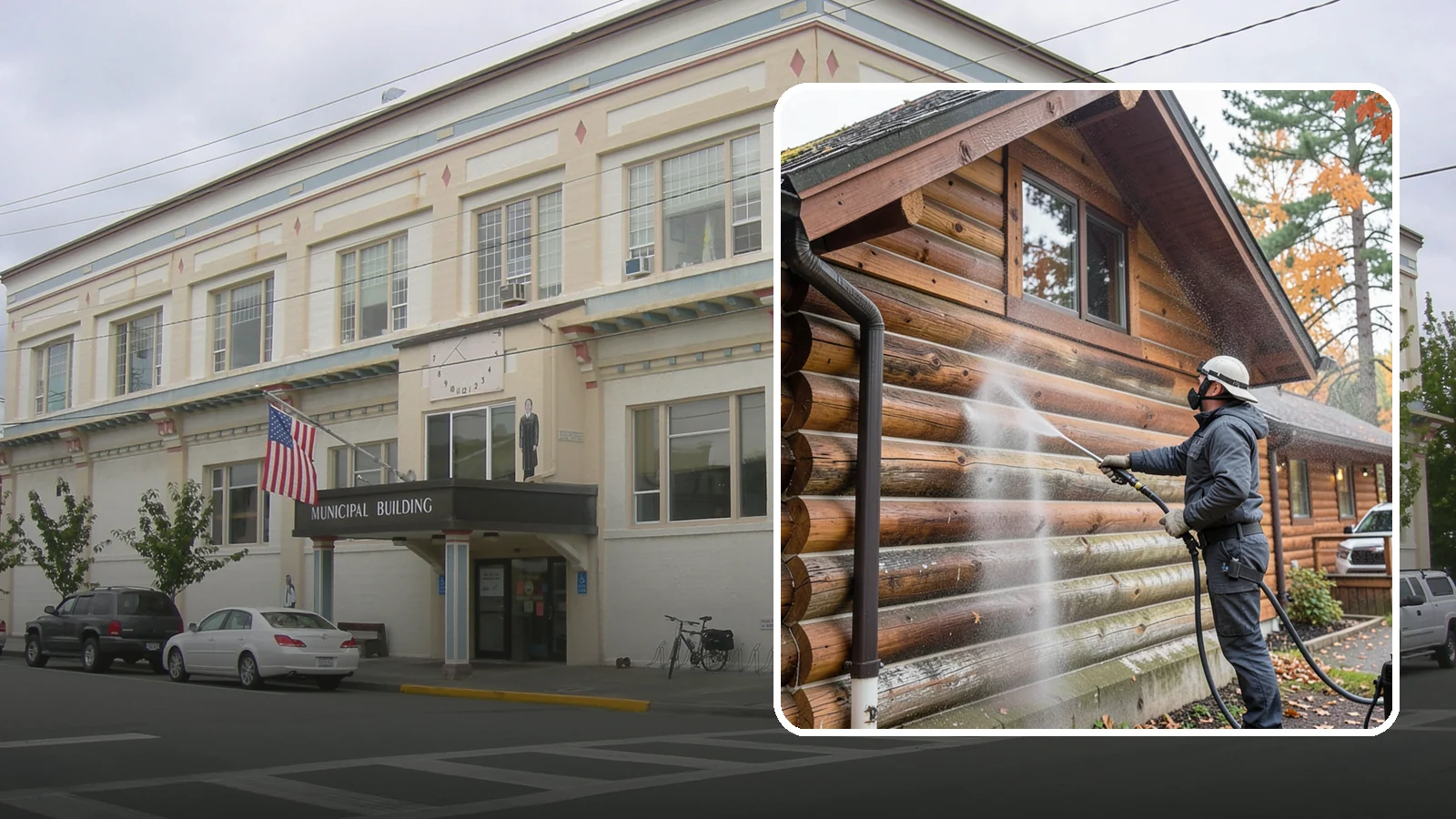 Log Home Washing in Anacortes, Skagit County, WA - Log home washing clears mildew, pollen, and gray weathering from logs while protecting the checking and joints unique to log...