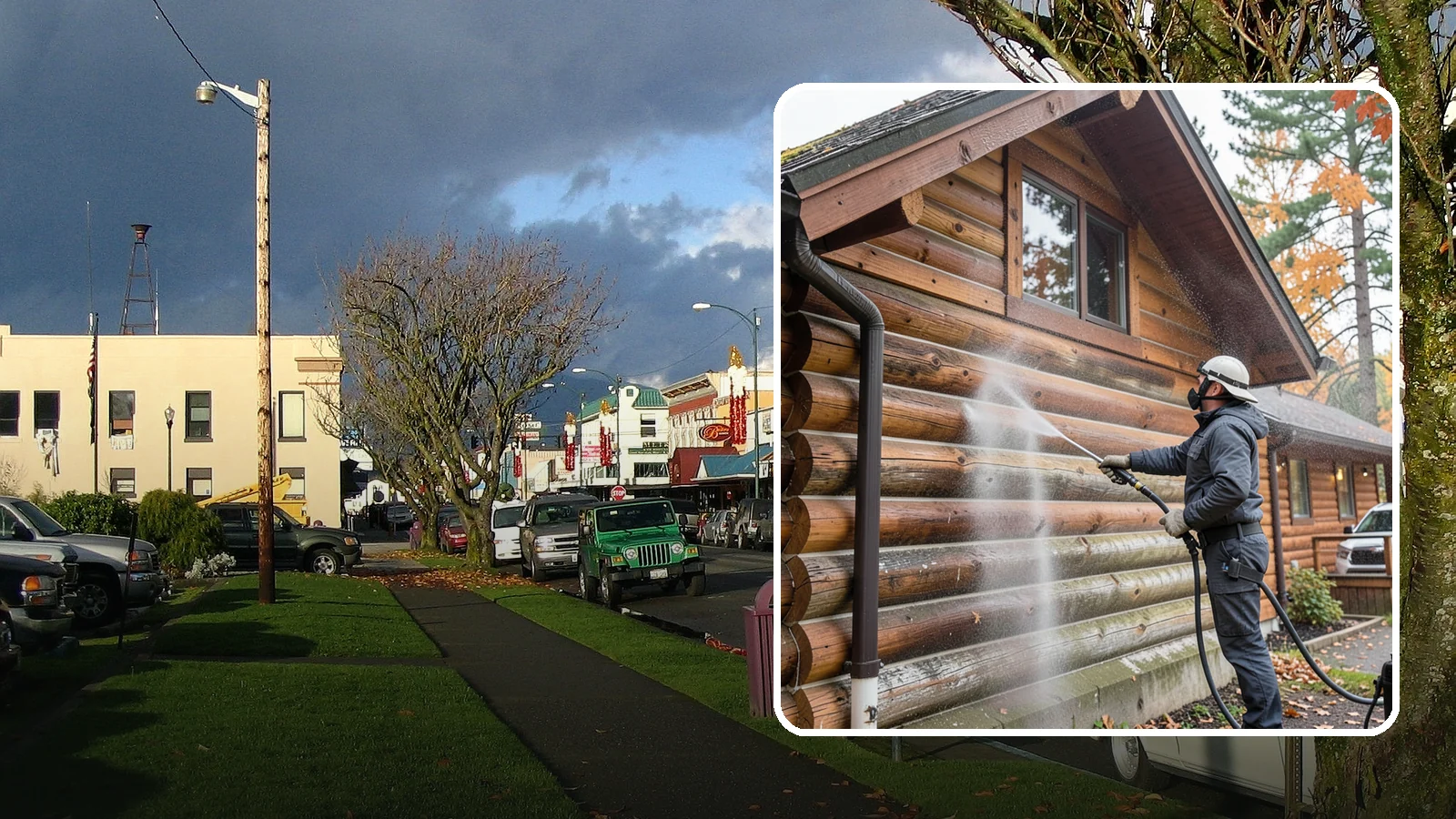 Log Home Washing in Arlington, Snohomish County, WA - Log home washing clears mildew, pollen, and gray weathering from logs while protecting the checking and joints unique to log...