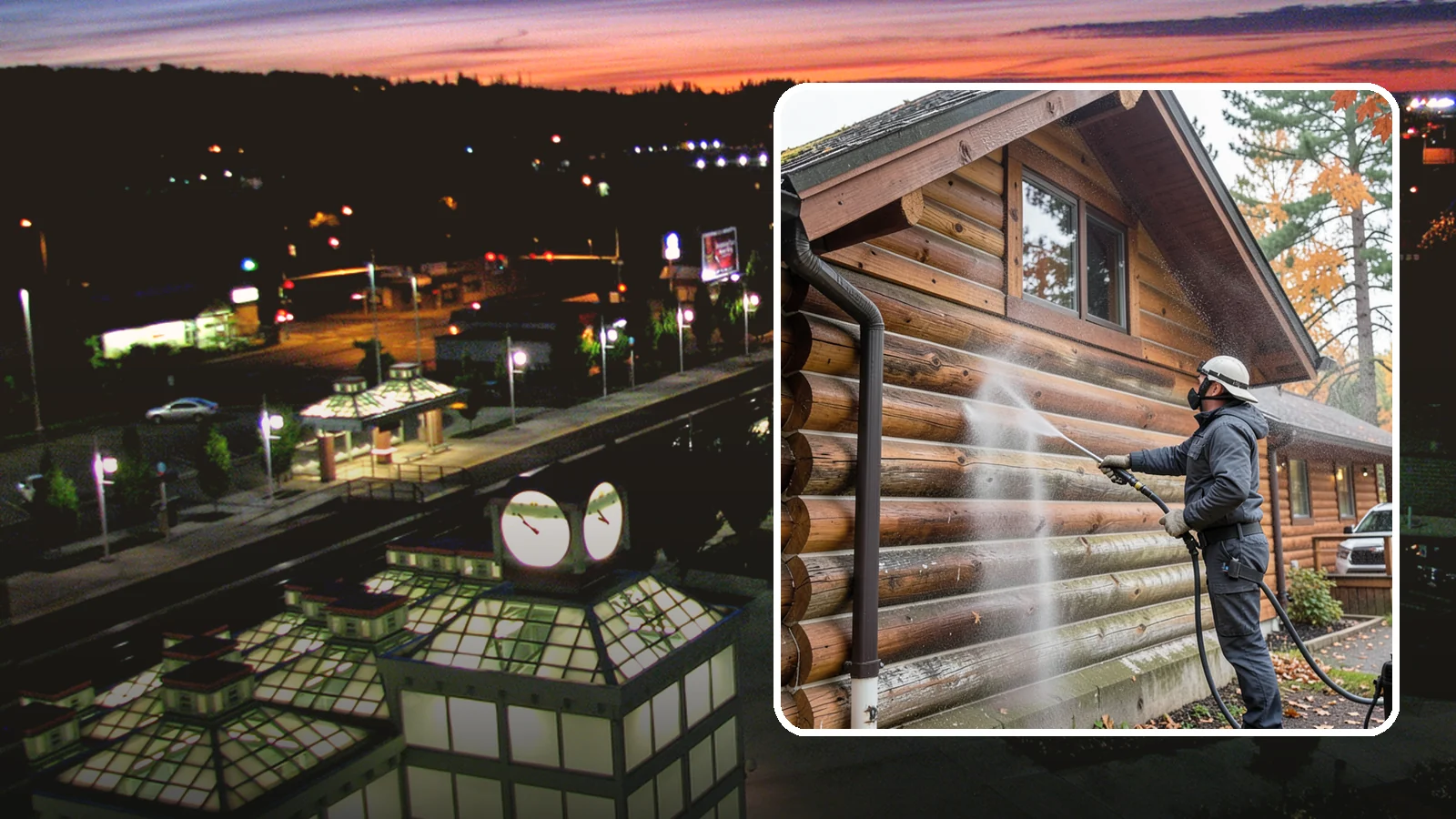 Log Home Washing in Auburn, King County, WA - Log home washing clears mildew, pollen, and gray weathering from logs while protecting the checking and joints unique to log...
