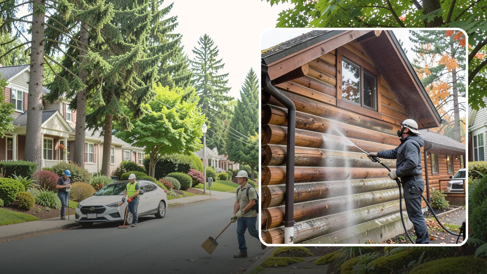 Log Home Washing in Beaux Arts Village, King County, WA - Log home washing clears mildew, pollen, and gray weathering from logs while protecting the checking and joints unique to log...