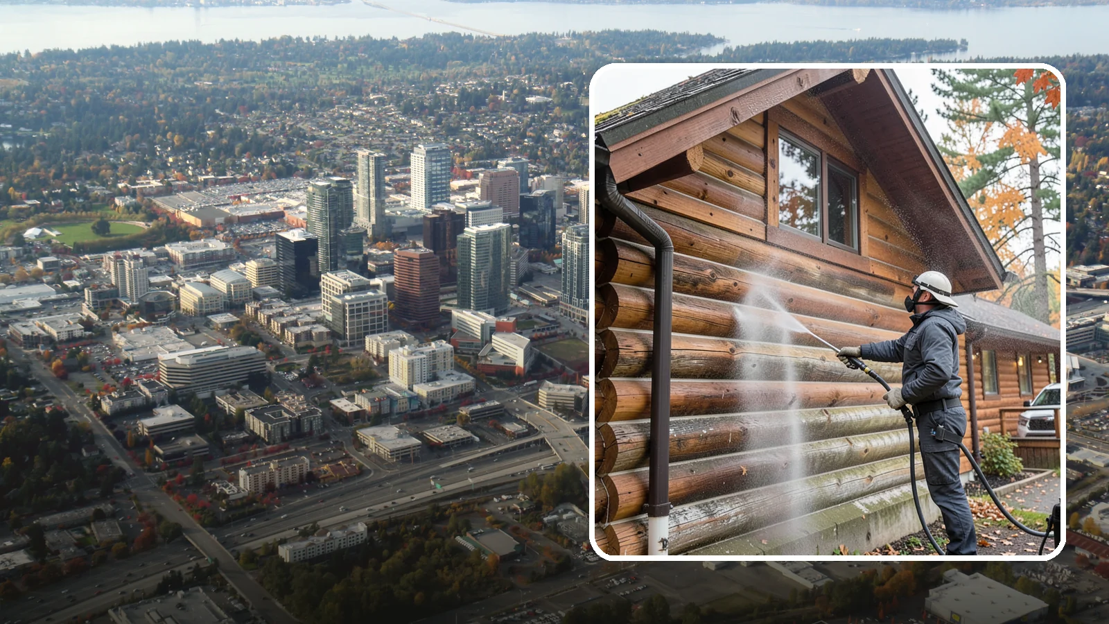 Log Home Washing in Bellevue, King County, WA - Log home washing clears mildew, pollen, and gray weathering from logs while protecting the checking and joints unique to log...