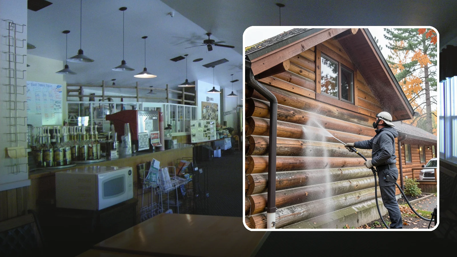 Log Home Washing in Black Diamond, King County, WA - Log home washing clears mildew, pollen, and gray weathering from logs while protecting the checking and joints unique to log...