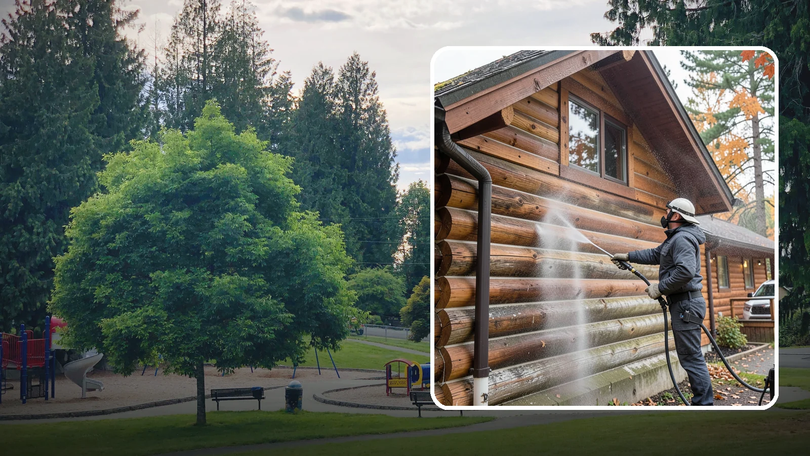 Log Home Washing in Bonney Lake, Pierce County, WA - Log home washing clears mildew, pollen, and gray weathering from logs while protecting the checking and joints unique to log...
