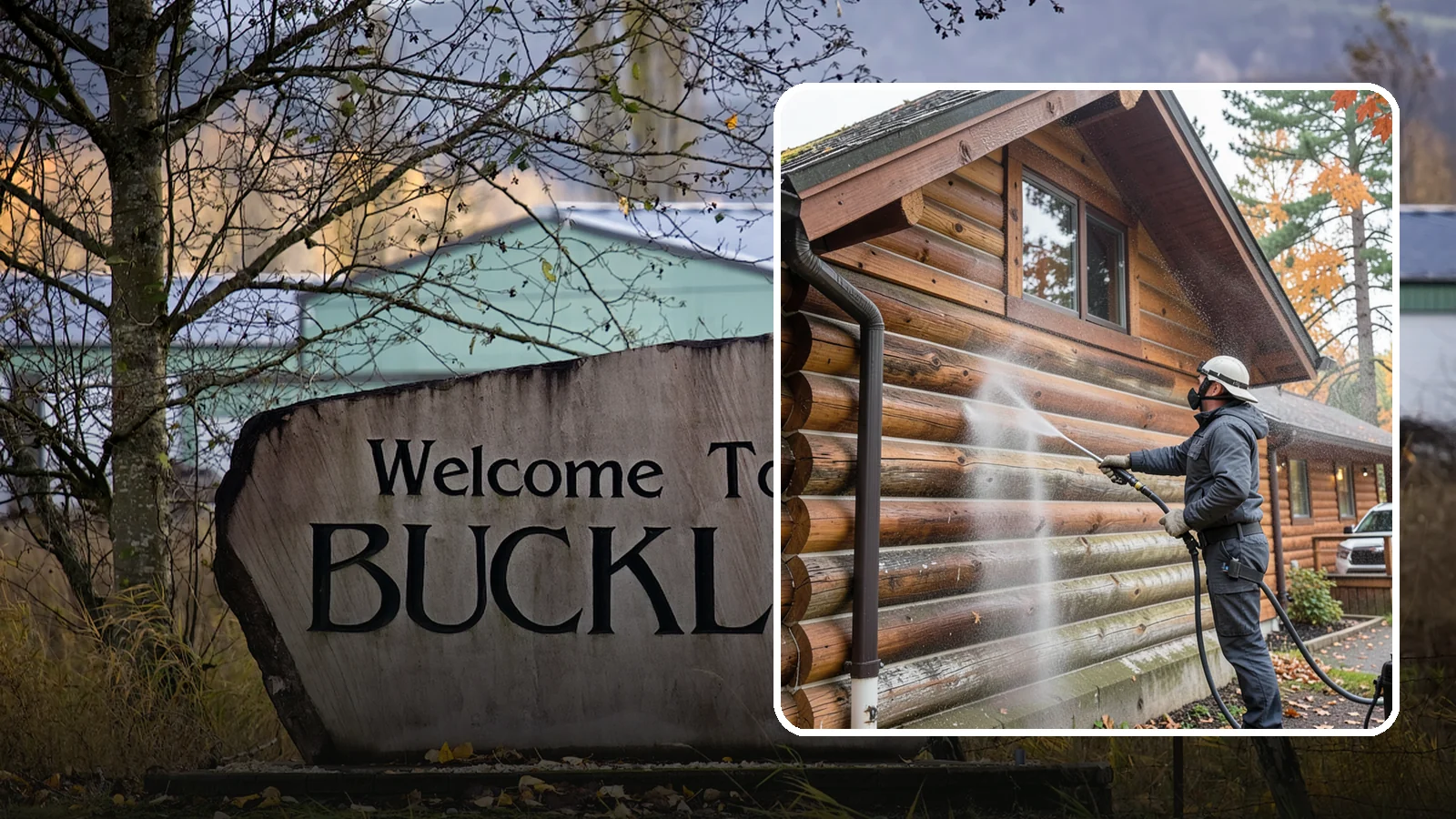 Log Home Washing in Buckley, Pierce County, WA - Log home washing clears mildew, pollen, and gray weathering from logs while protecting the checking and joints unique to log...