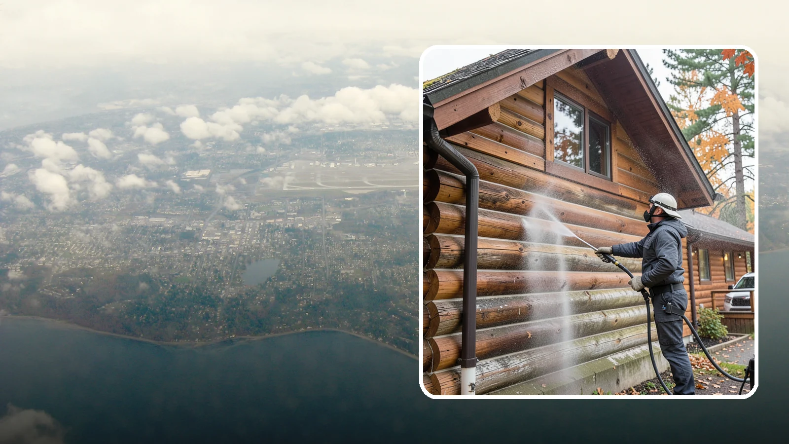Log Home Washing in Burien, King County, WA - Log home washing clears mildew, pollen, and gray weathering from logs while protecting the checking and joints unique to log...