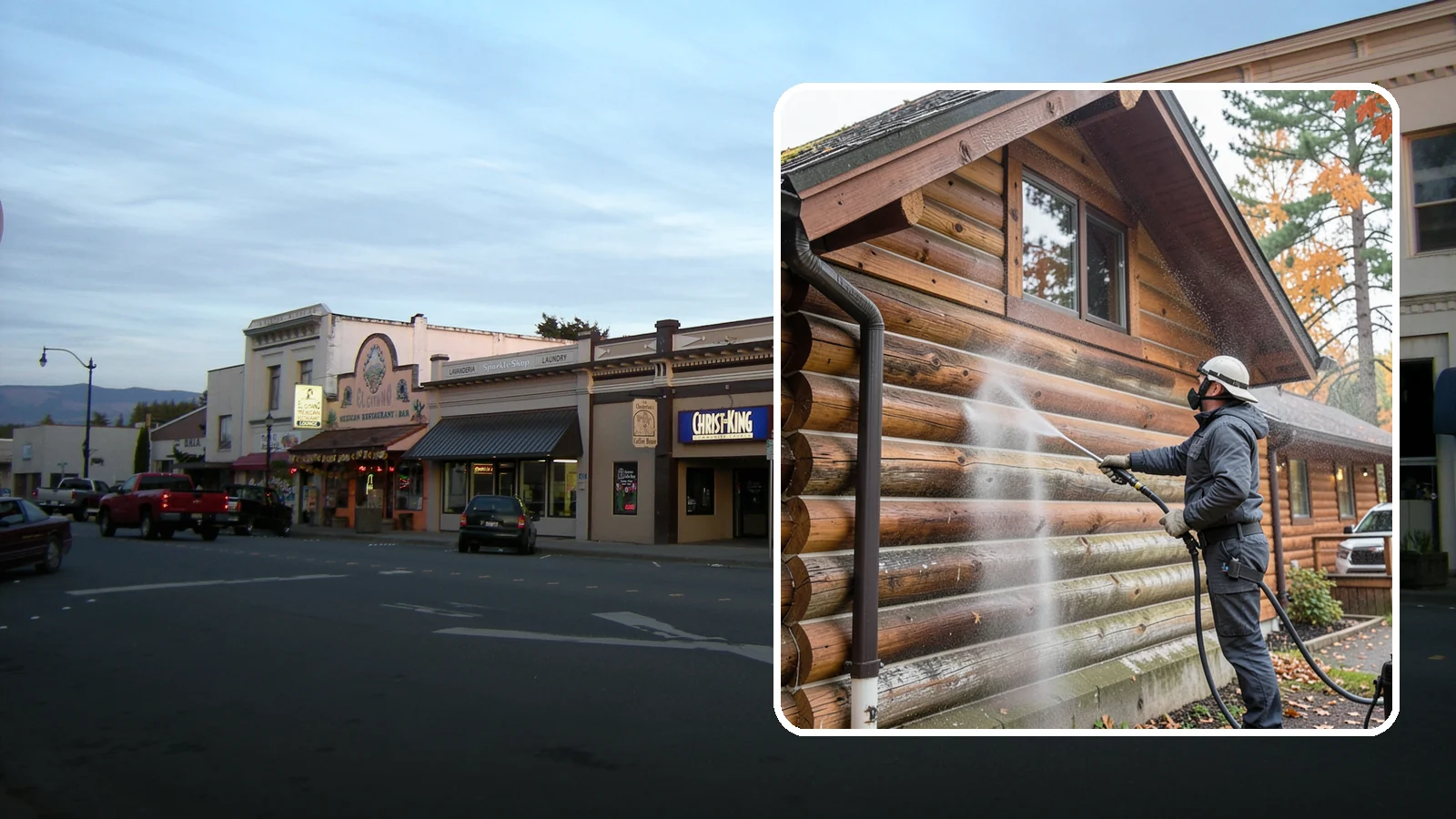 Log Home Washing in Burlington, Skagit County, WA - Log home washing clears mildew, pollen, and gray weathering from logs while protecting the checking and joints unique to log...