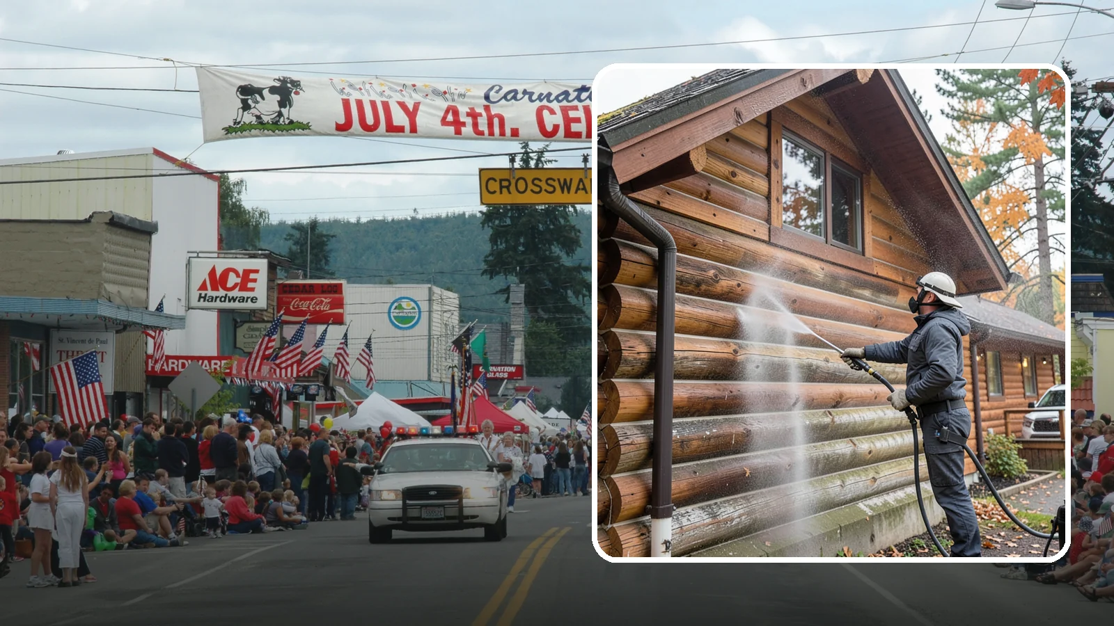 Log Home Washing in Carnation, King County, WA - Log home washing clears mildew, pollen, and gray weathering from logs while protecting the checking and joints unique to log...