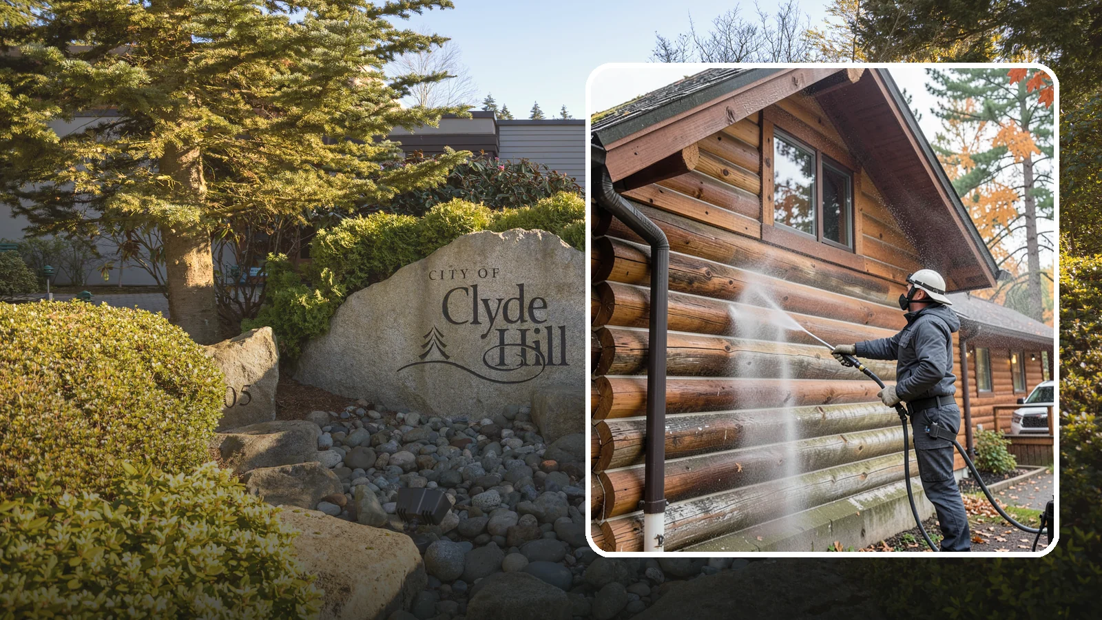 Log Home Washing in Clyde Hill, King County, WA - Log home washing clears mildew, pollen, and gray weathering from logs while protecting the checking and joints unique to log...