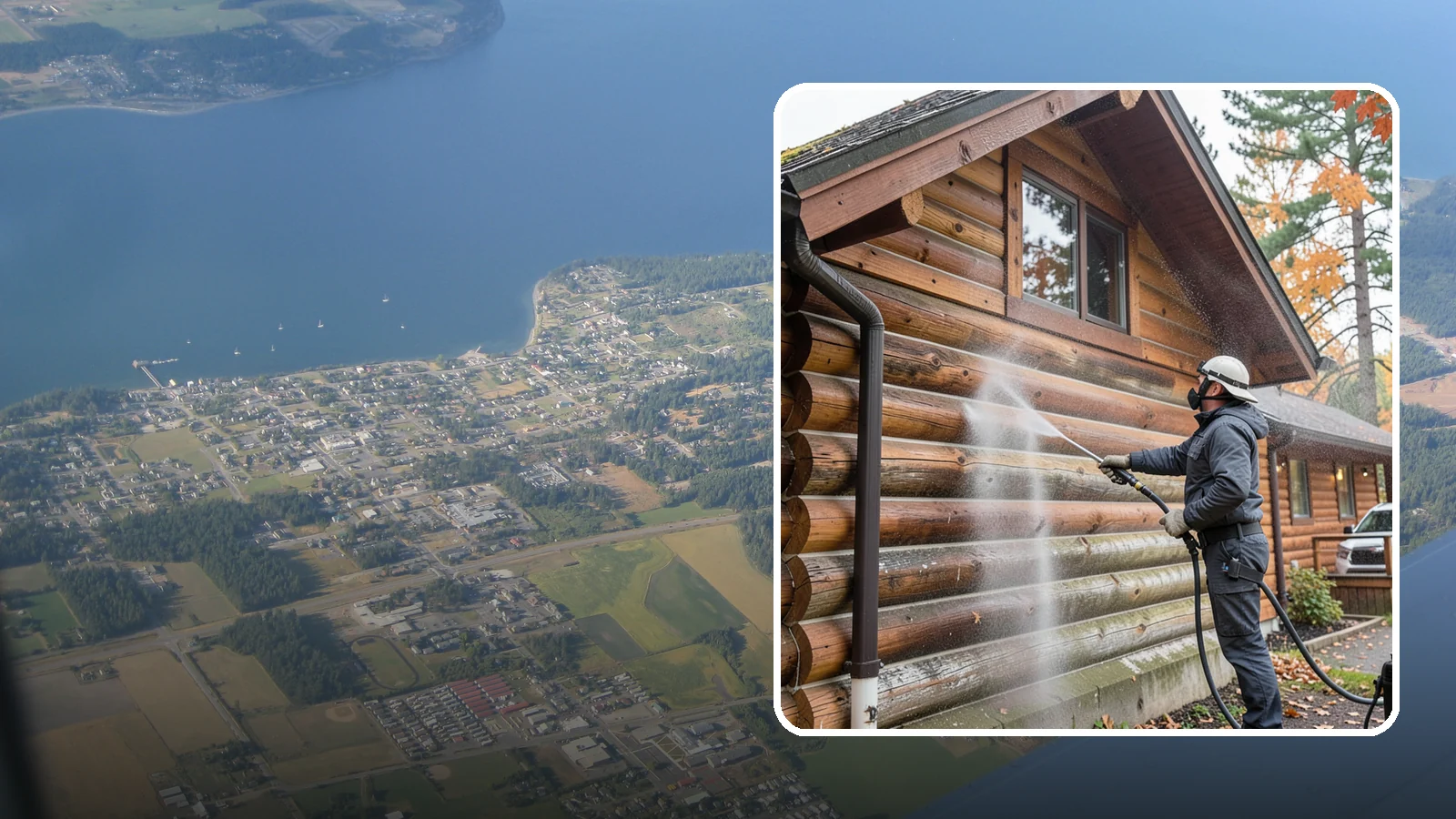 Log Home Washing in Coupeville, Island County, WA - Log home washing clears mildew, pollen, and gray weathering from logs while protecting the checking and joints unique to log...