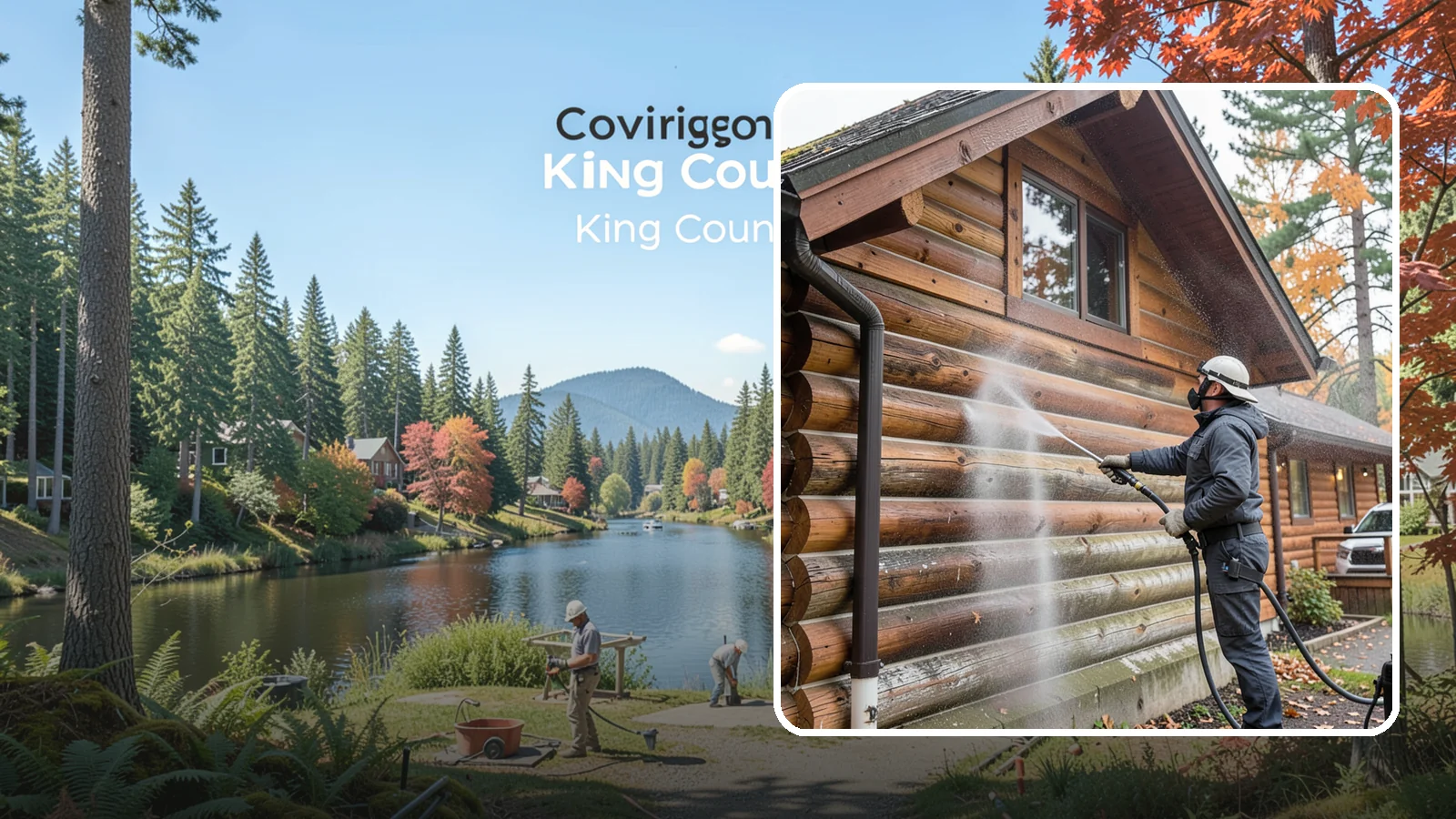 Log Home Washing in Covington, King County, WA - Log home washing clears mildew, pollen, and gray weathering from logs while protecting the checking and joints unique to log...