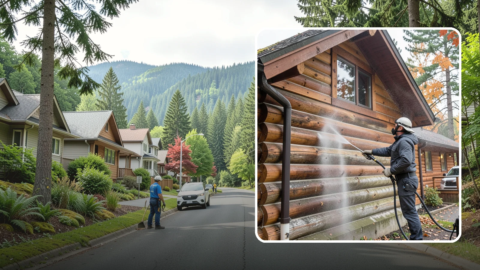 Log Home Washing in Darrington, Snohomish County, WA - Log home washing clears mildew, pollen, and gray weathering from logs while protecting the checking and joints unique to log...
