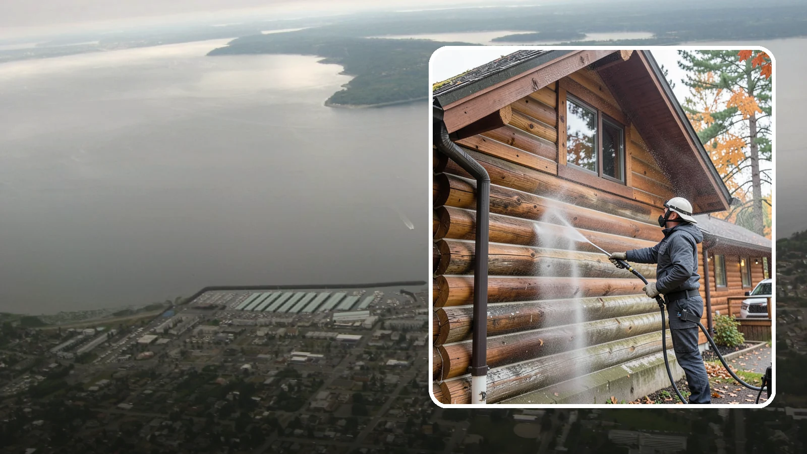 Log Home Washing in Des Moines, King County, WA - Log home washing clears mildew, pollen, and gray weathering from logs while protecting the checking and joints unique to log...