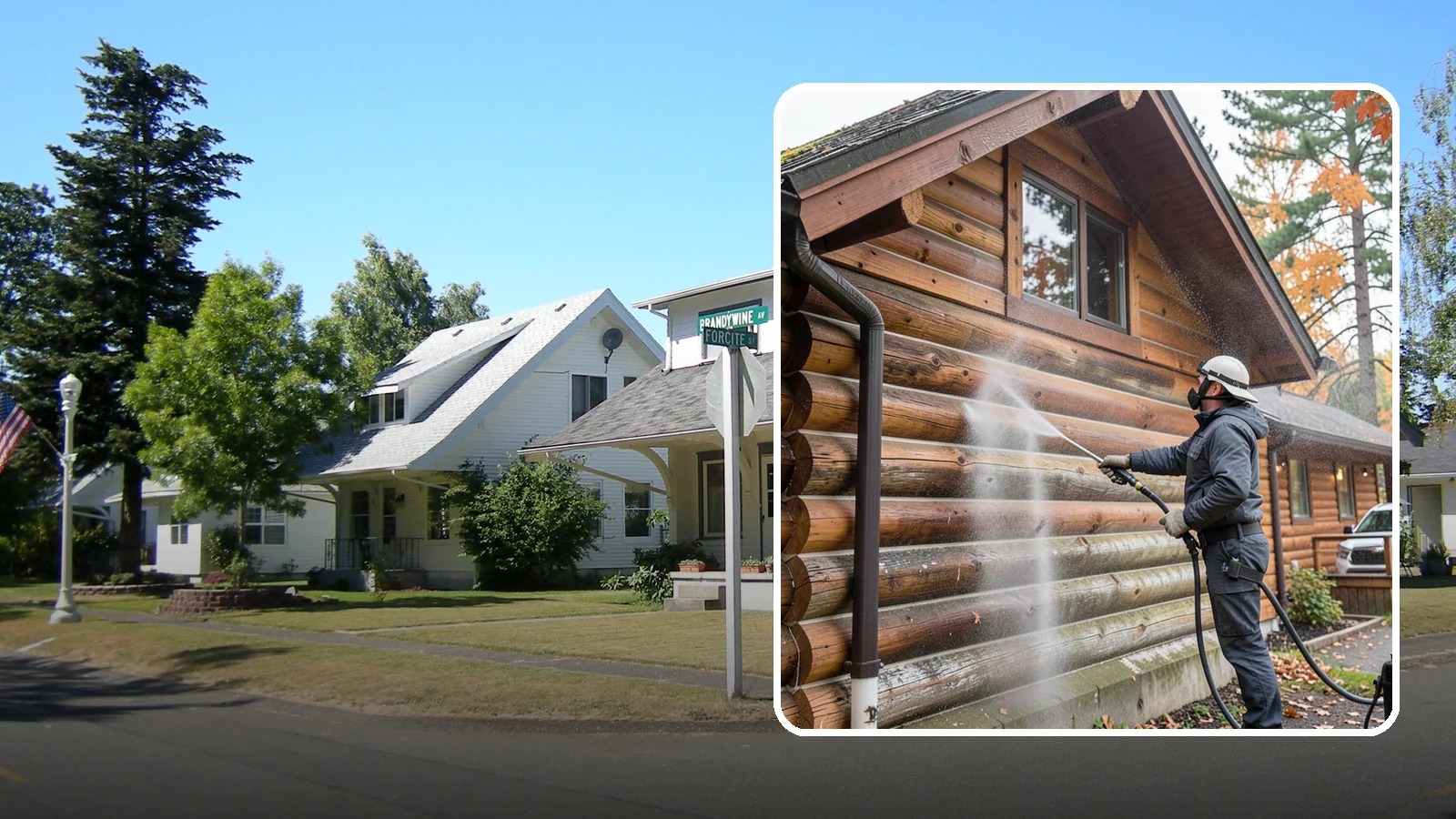 Log Home Washing in DuPont, Pierce County, WA - Log home washing clears mildew, pollen, and gray weathering from logs while protecting the checking and joints unique to log...