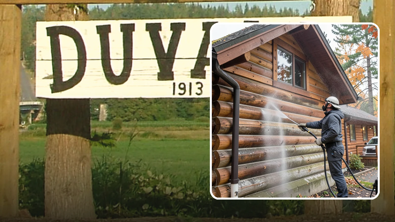 Log Home Washing in Duvall, King County, WA - Log home washing clears mildew, pollen, and gray weathering from logs while protecting the checking and joints unique to log...