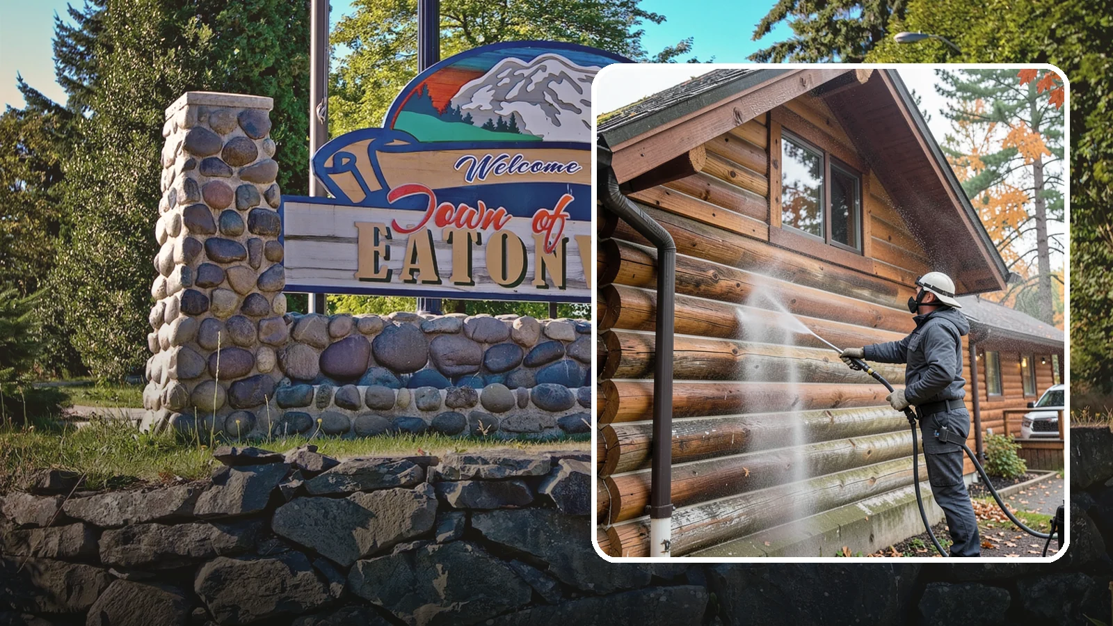 Log Home Washing in Eatonville, Pierce County, WA - Log home washing clears mildew, pollen, and gray weathering from logs while protecting the checking and joints unique to log...