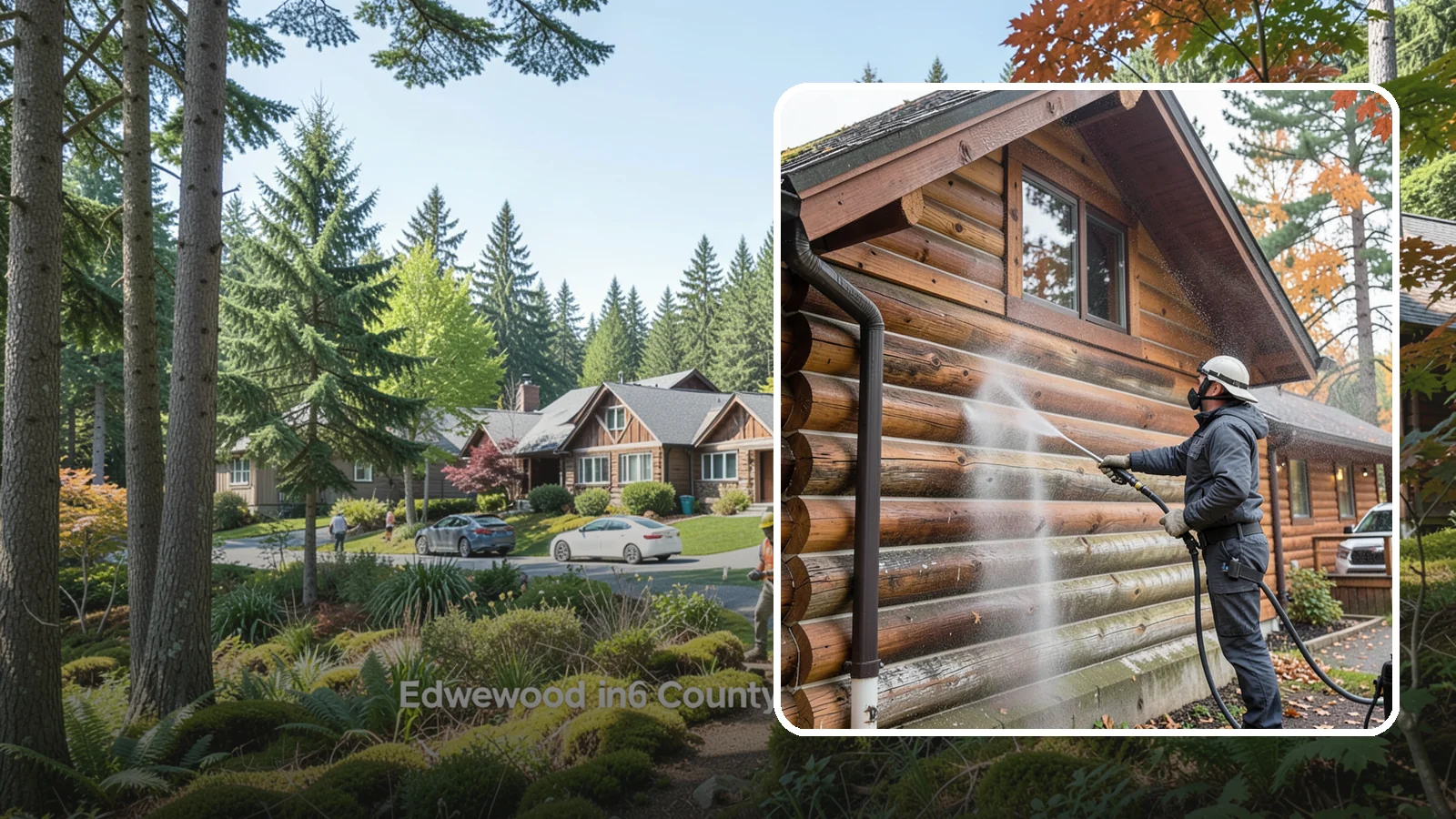 Log Home Washing in Edgewood, Pierce County, WA - Log home washing clears mildew, pollen, and gray weathering from logs while protecting the checking and joints unique to log...